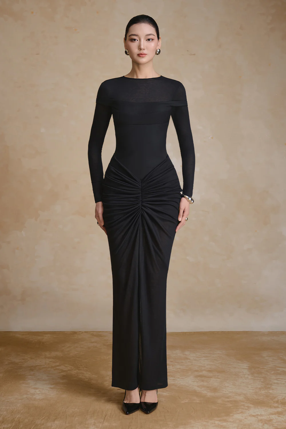 Scoria Boat Neck Gathering Maxi Dress