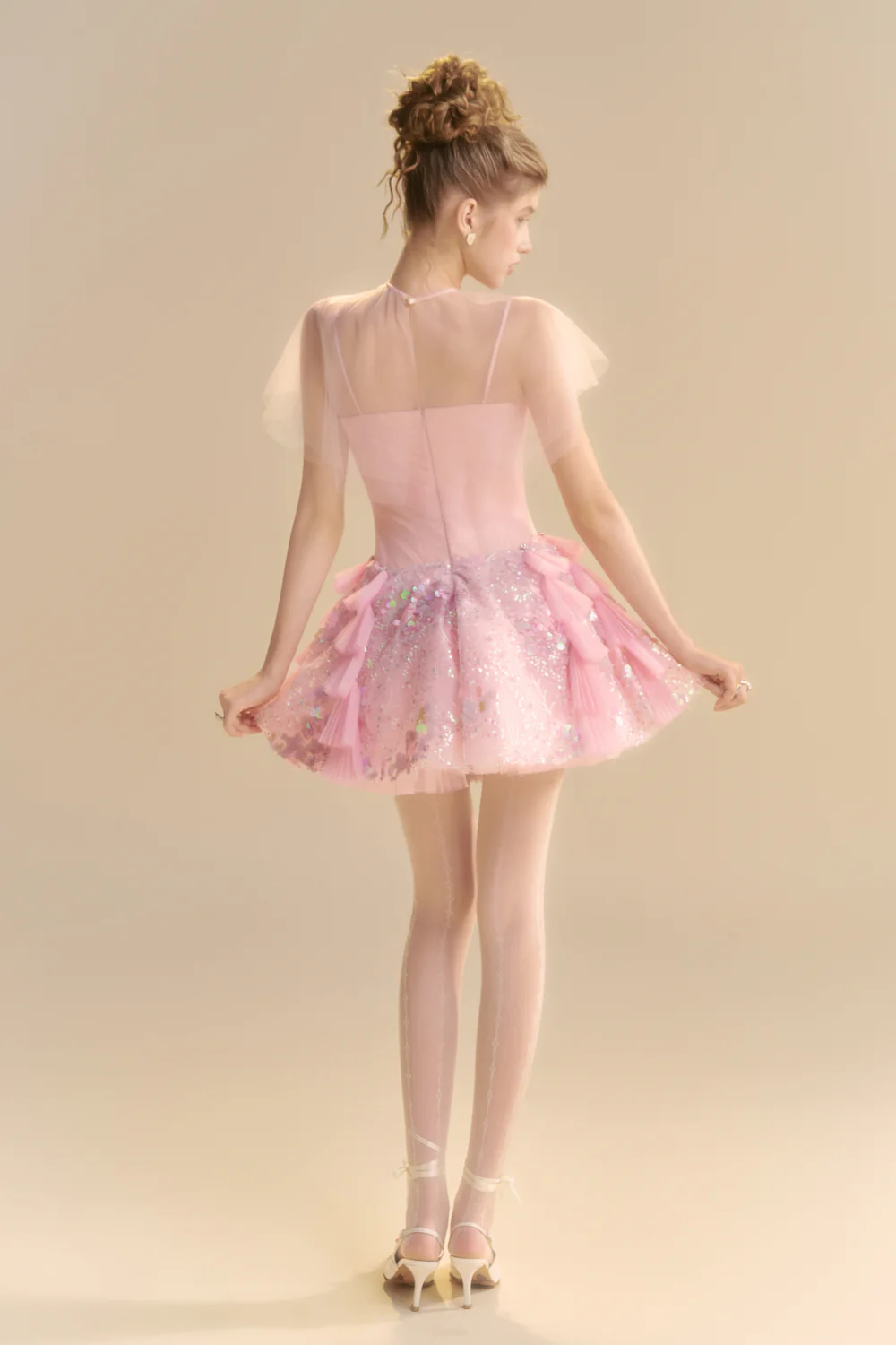 Blush Cape Sleeve Sequin Mini Dress