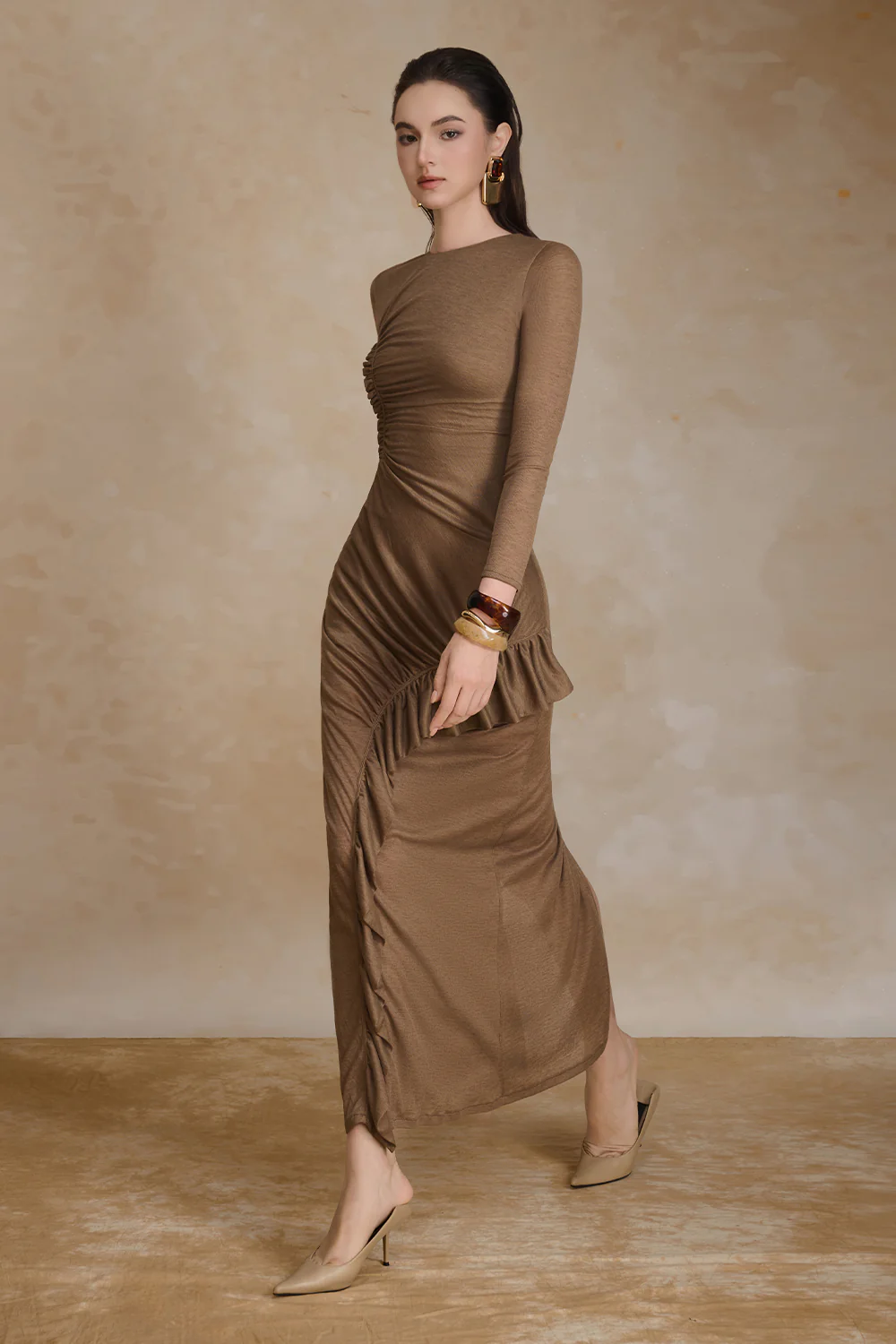 Noir Round Neck Ruffle Maxi Dress