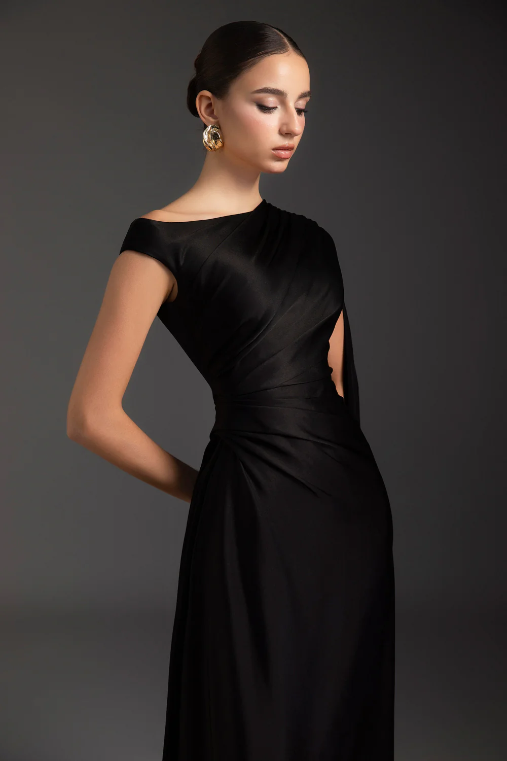 Grecian Asymmetric Neck Draped Maxi Dress