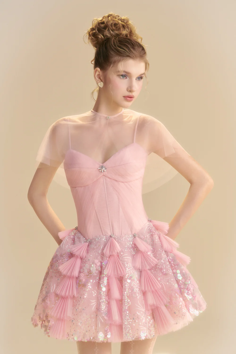 Blush Cape Sleeve Sequin Mini Dress