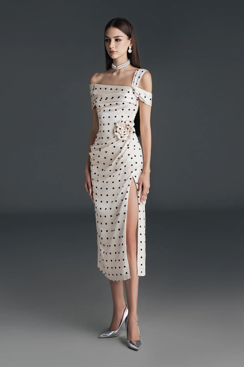 Dinna Slit Asymmetric Neck Silk Calf Length Dress