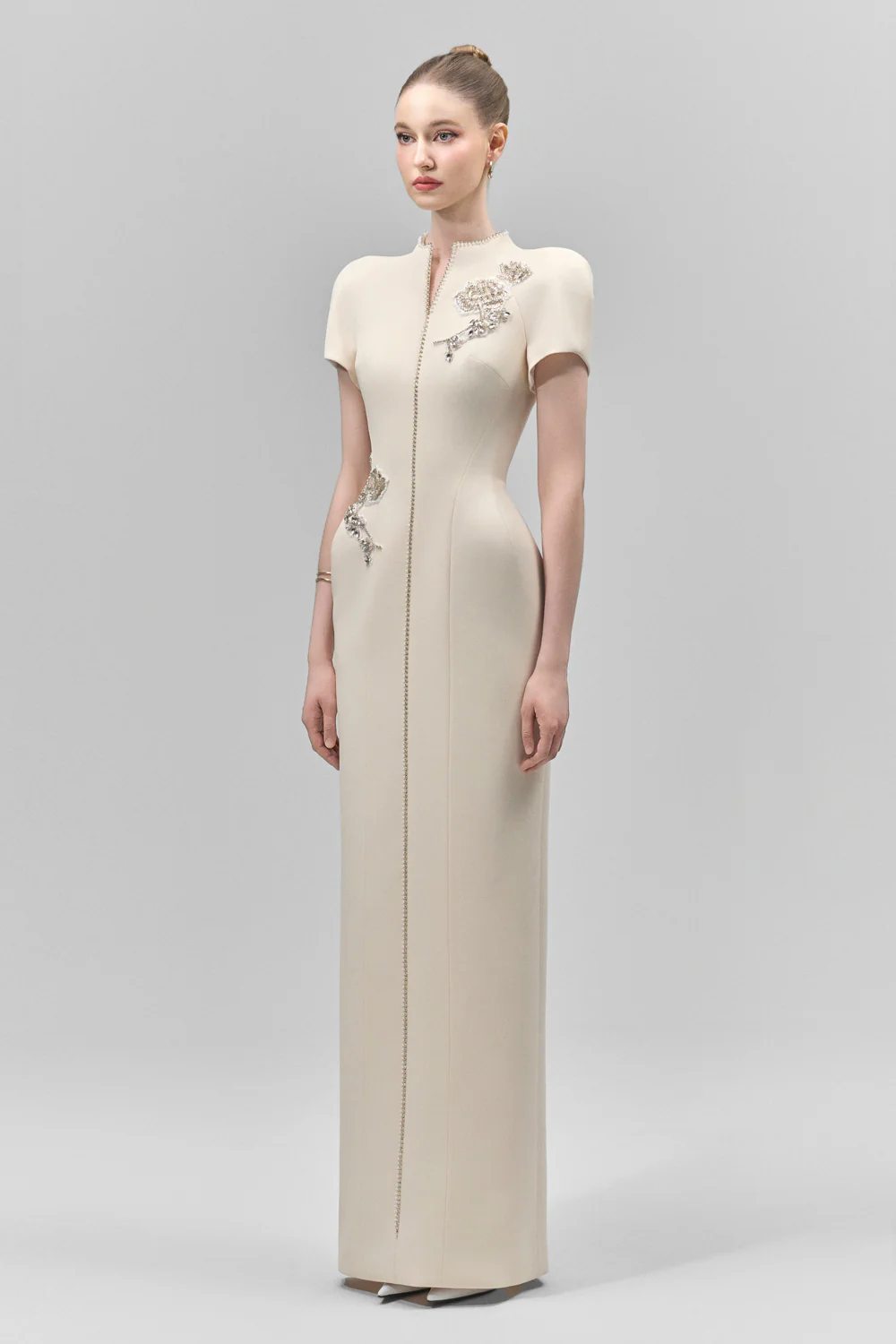 Eirlys Sheath Puffy Sleeved Crepe Floor Length Dress