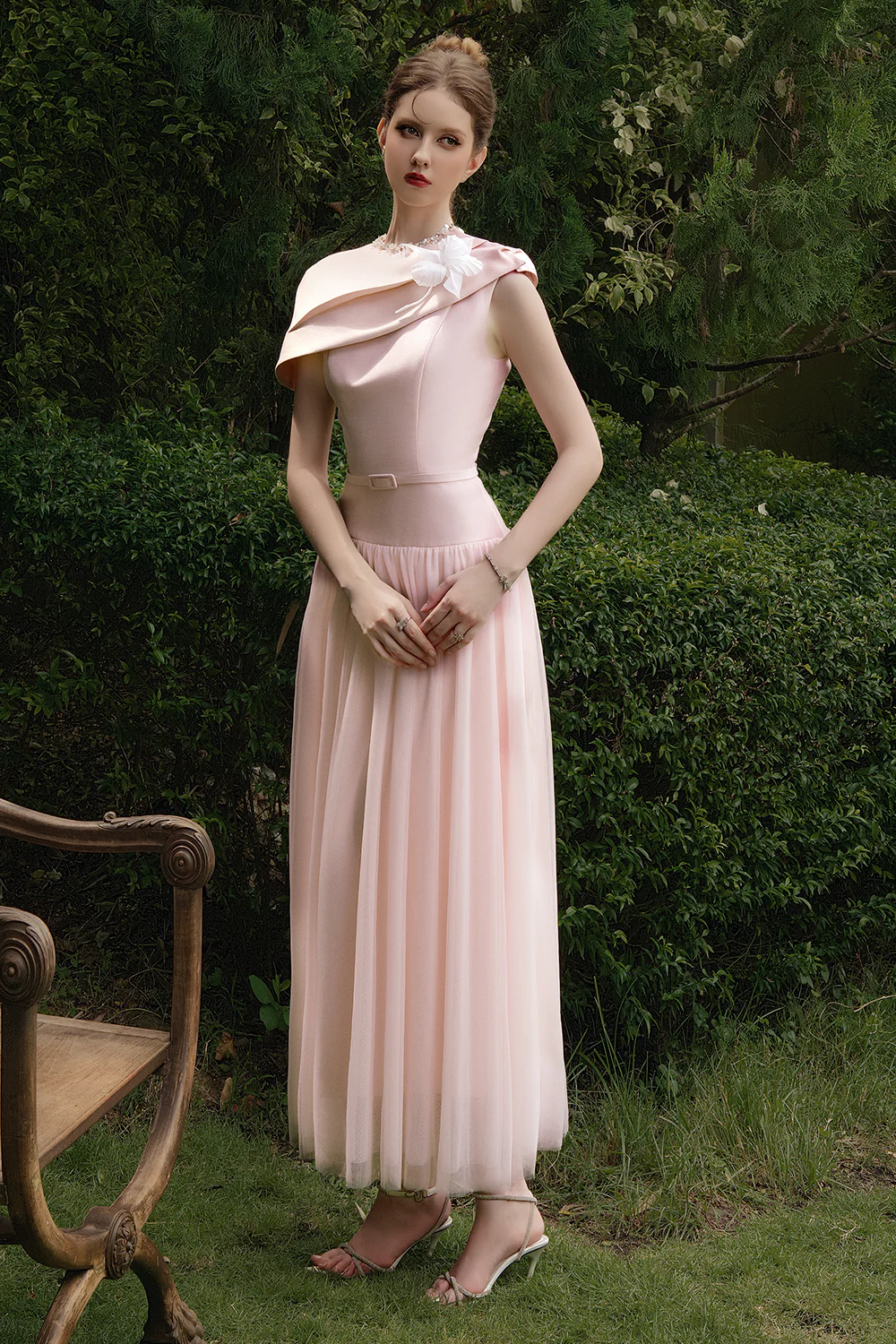 Amorette A-line Round Neck Taffeta Maxi Dress