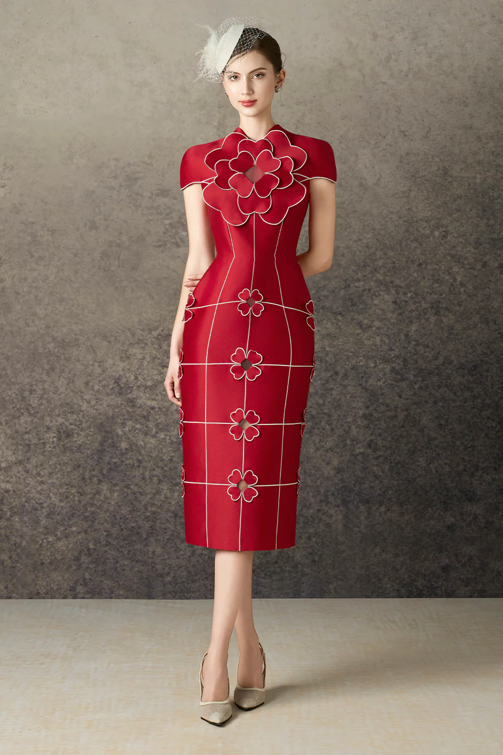 Solenya Pencil Flower Applique Taffeta Midi Dress