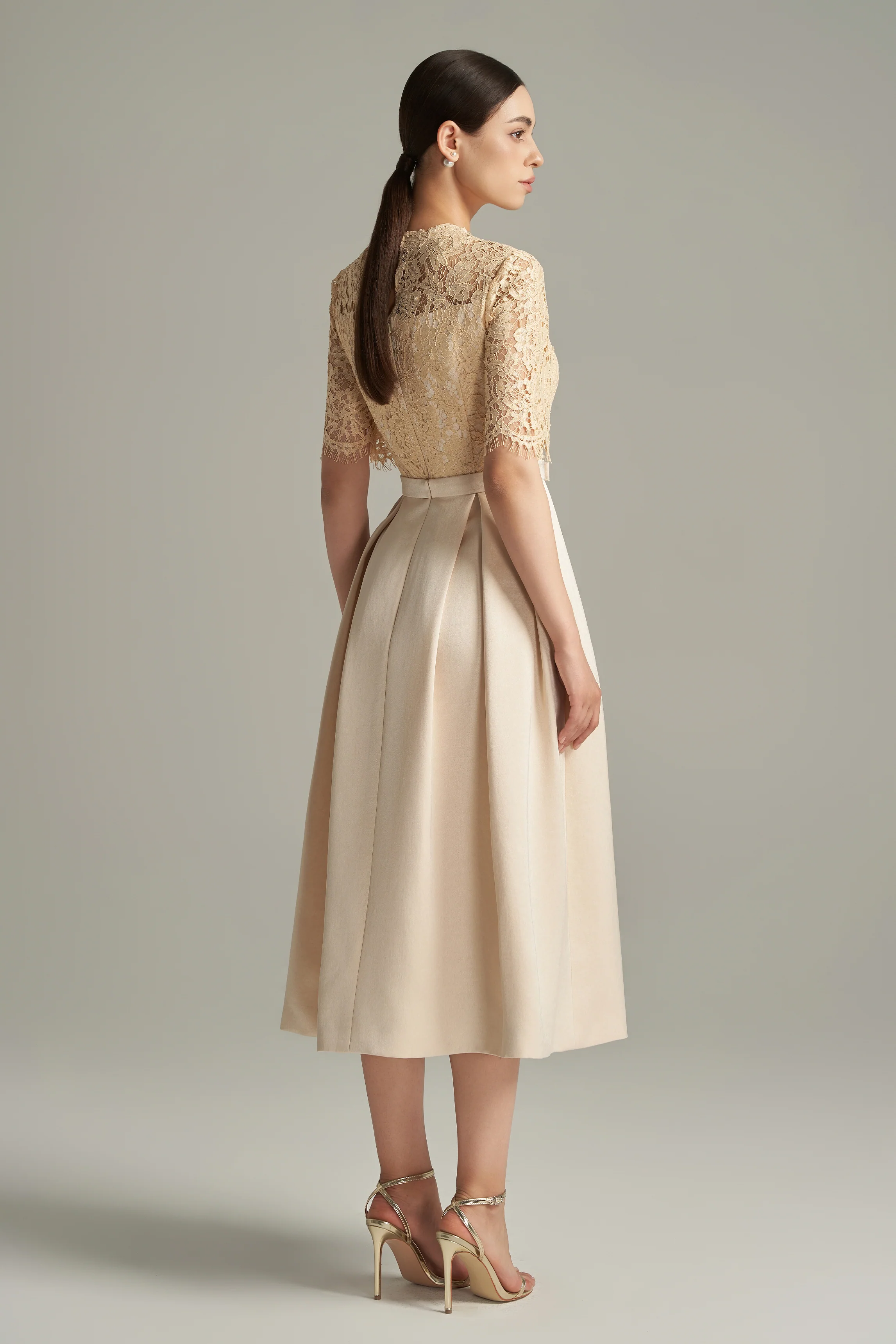 Lillian A-line Draped Lace Calf Length Dress