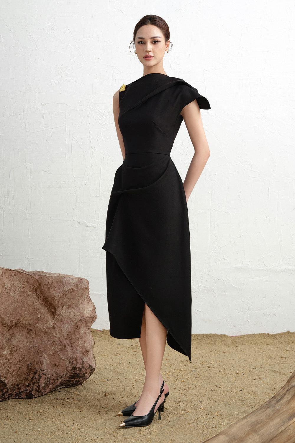 Calla Asymmetric Front Slit Twill Midi Dress