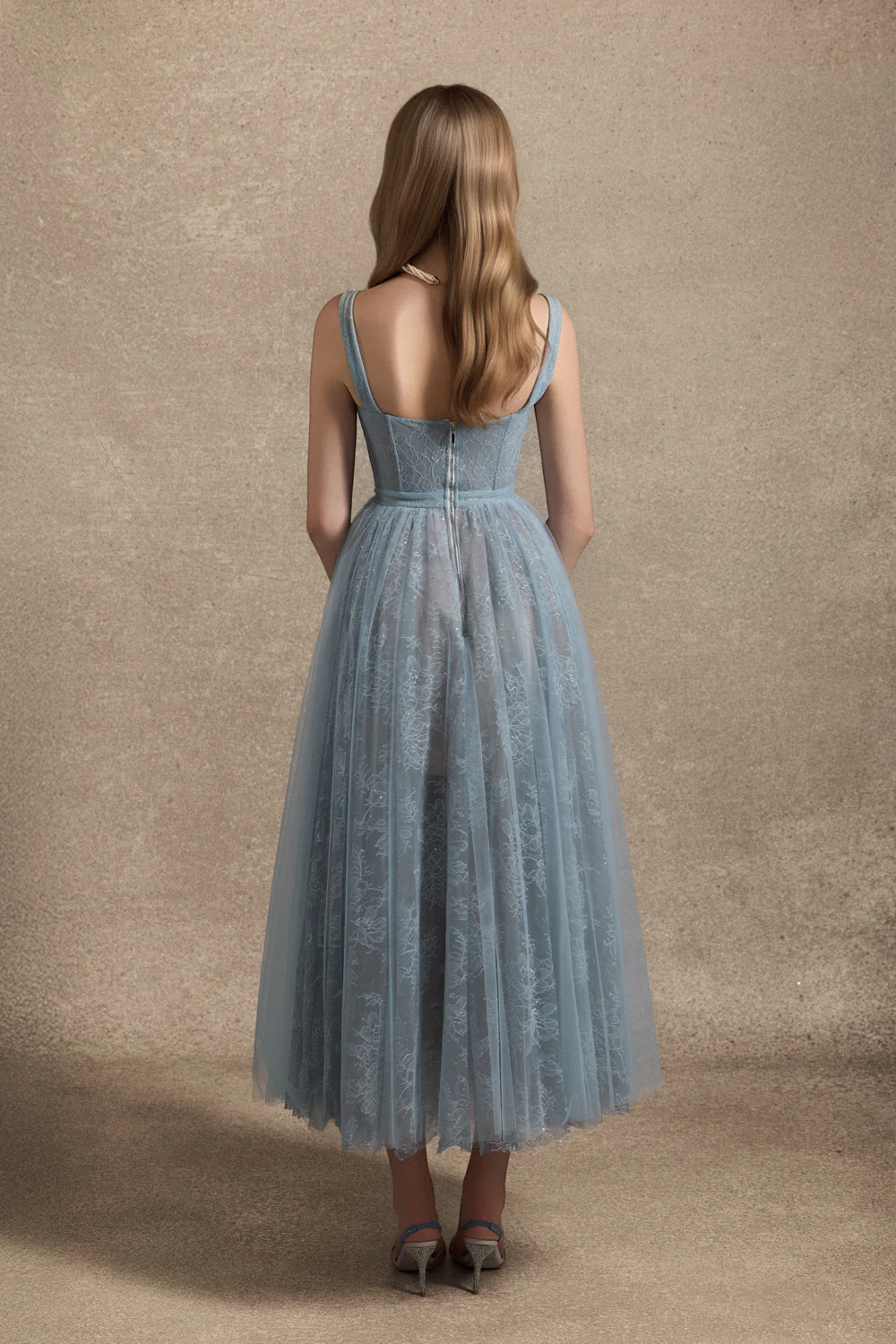 Cesleste Square Neck Lace Midi Dress