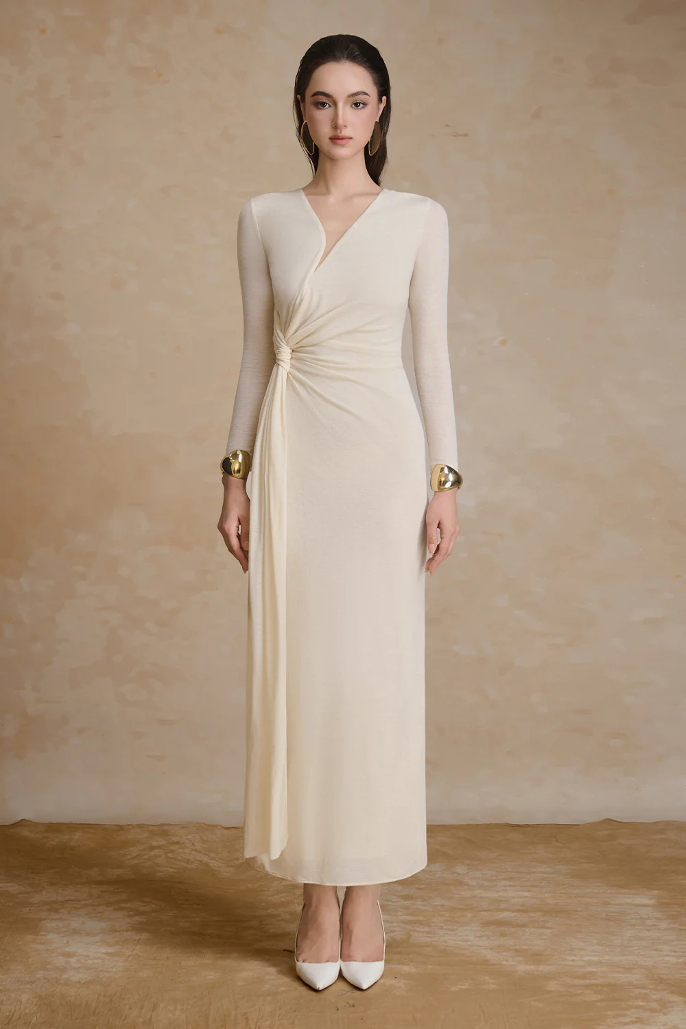 Golden V-Neck Draped Maxi Dress