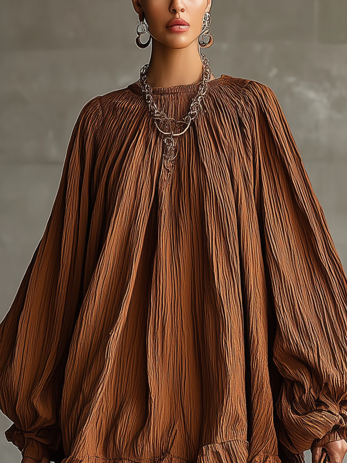 Brown Crinkled Mini Dress With Voluminous Sleeves