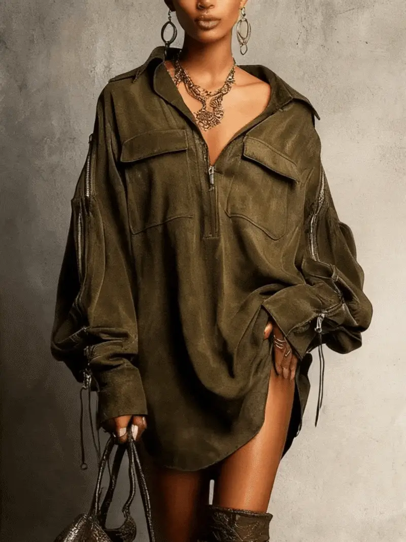 Olive Green Faux Suede Dress With Patch Pockets