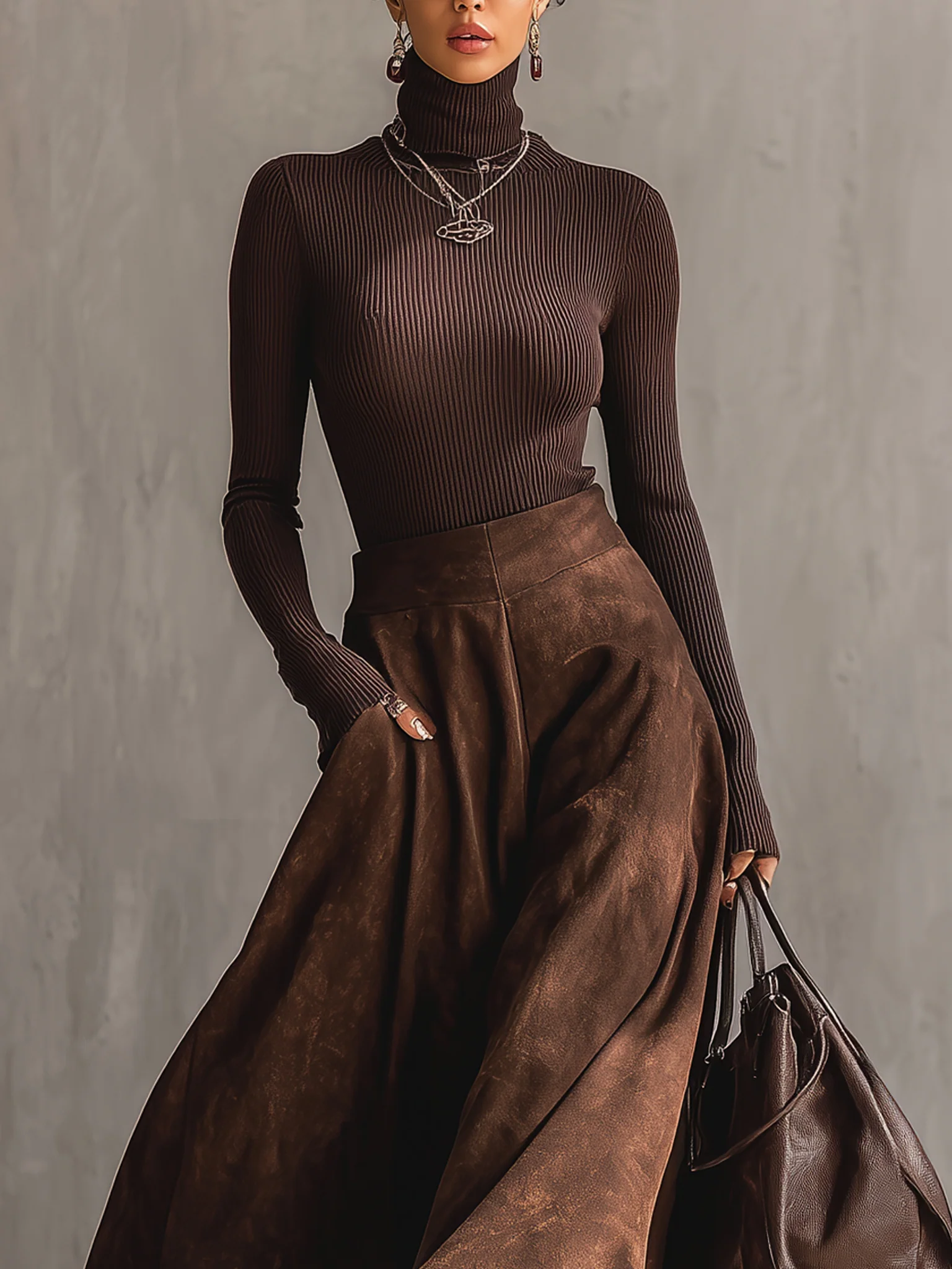 Coffee Knit Distressed Suede Midi Skirt Set