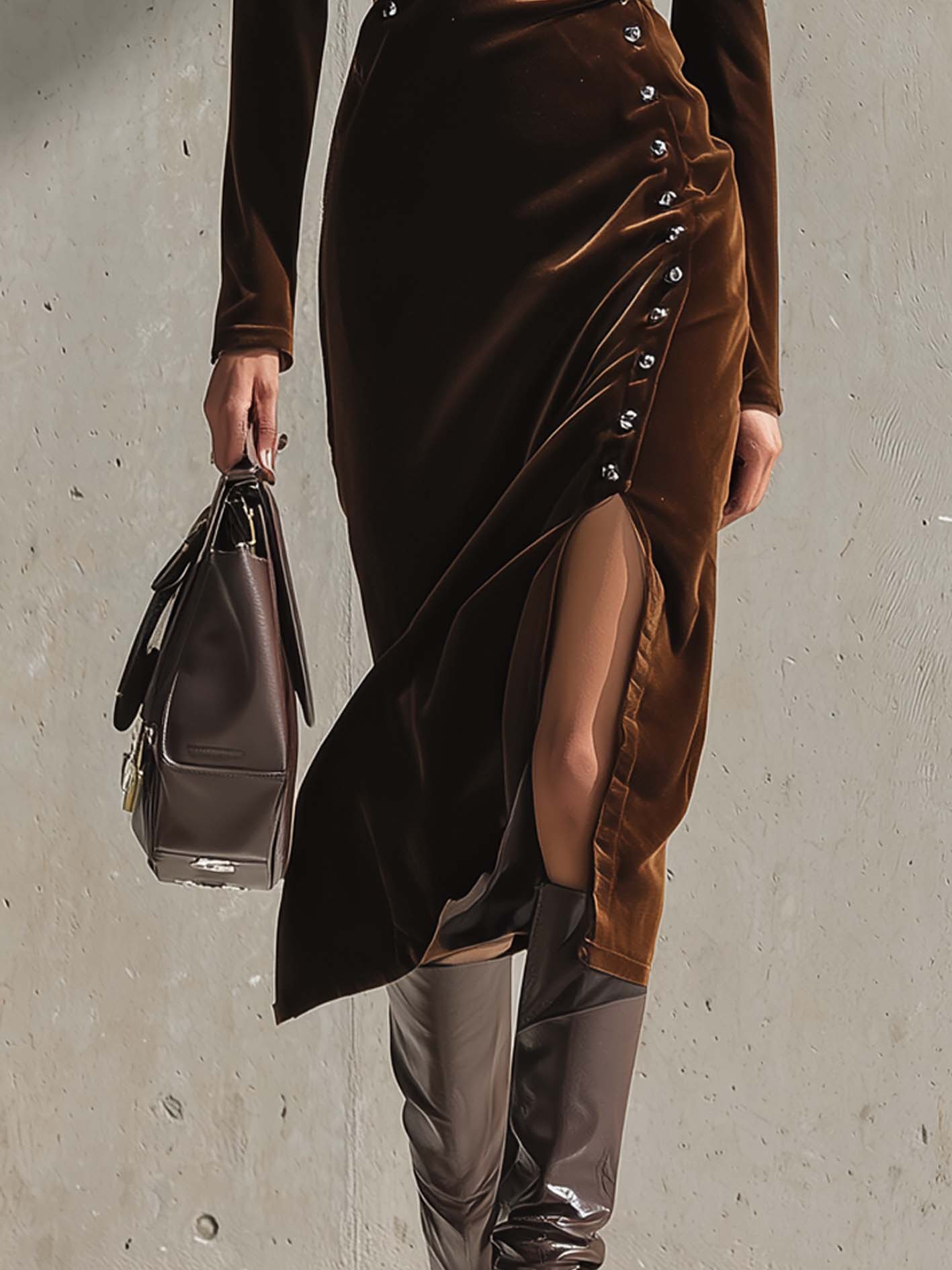 Brown Velvet Cutout Bodycon Dress With Button Detailing