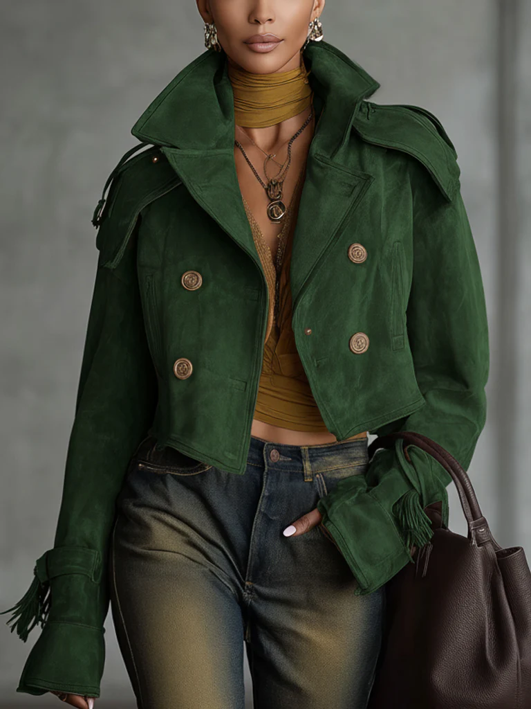 Forest Green Distressed Suede Double Breasted Jacket