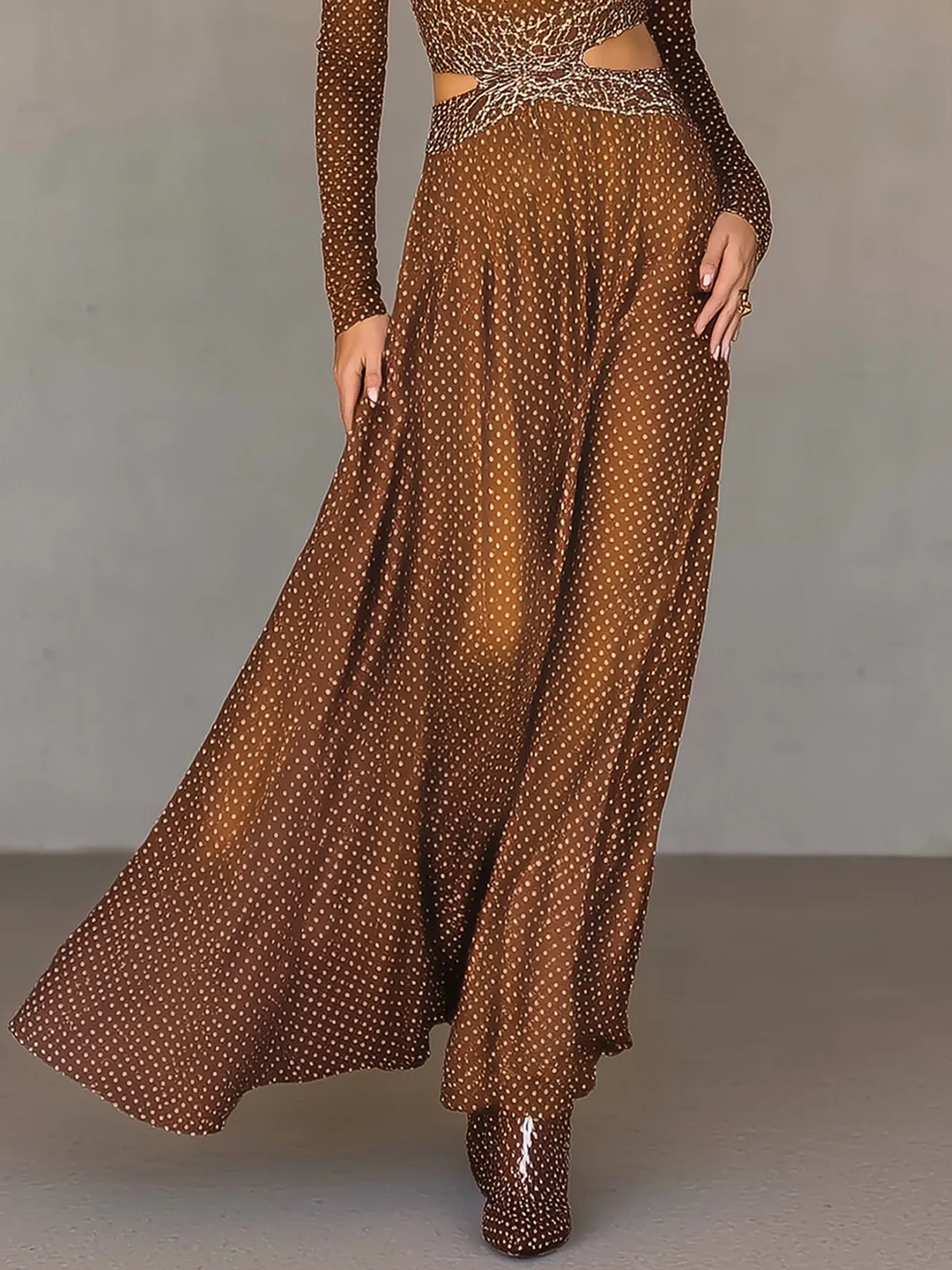 Brown Polka-Dot Maxi Dress With Cutout Waist And Flowing Dress