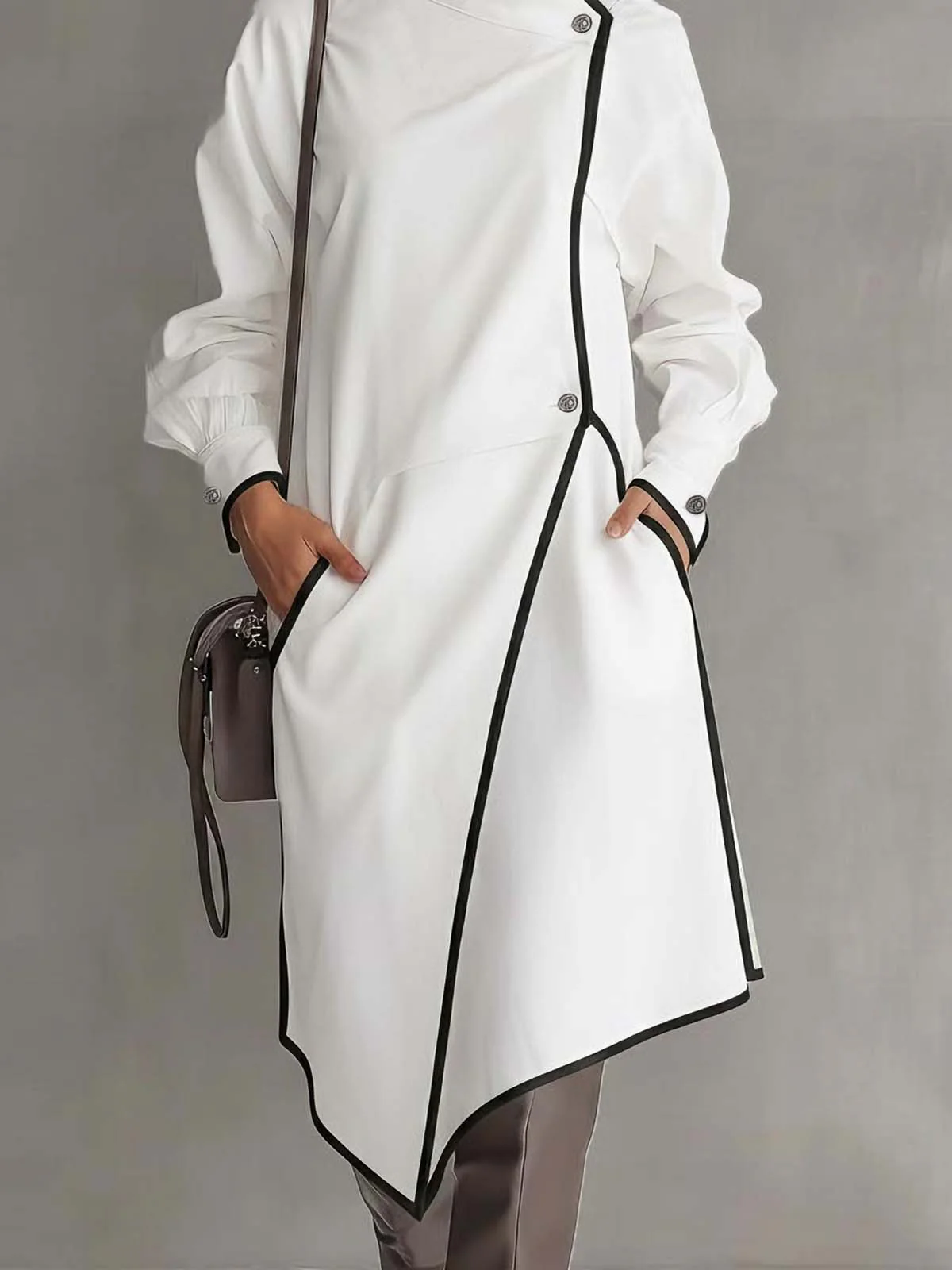 White Blended Fabric Asymmetrical Double-slit Midi Dress