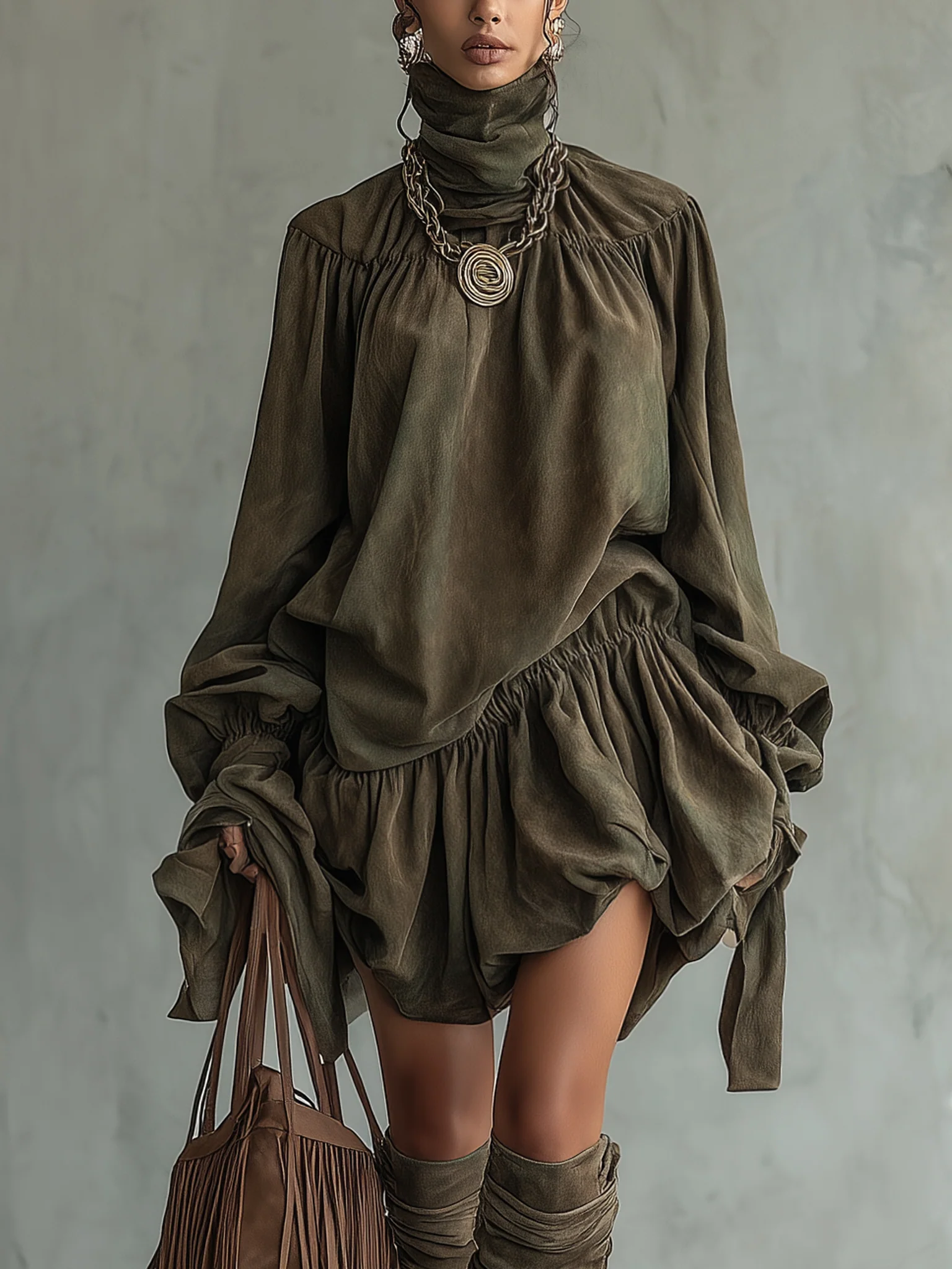Green Washed Suede High Neck Lantern Sleeve Dress