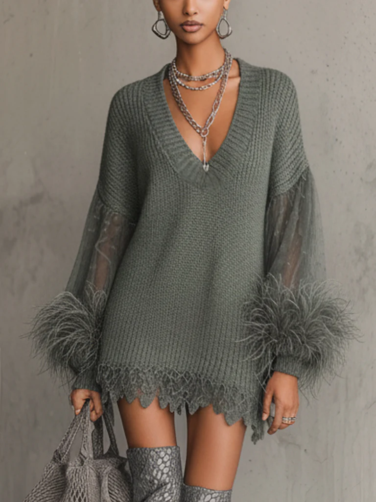 Sage Green V-Neck Feather Sleeve Knit Long Sleeve Mini Dress