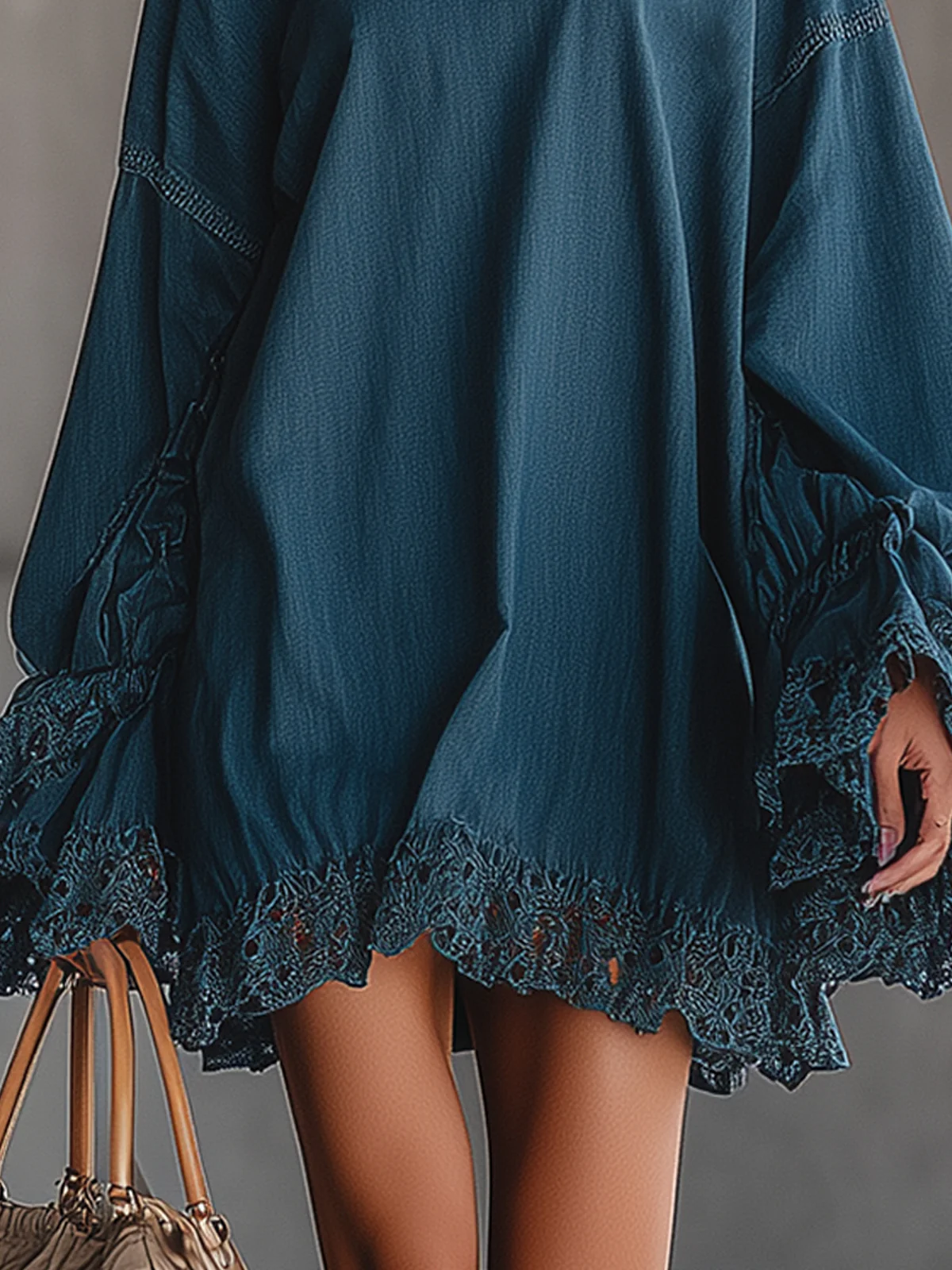 Blue Lace Trim Balloon Sleeve Denim Mini Dress