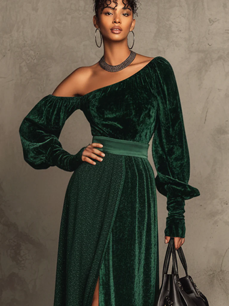 Green Velvet Trim Shimmering Maxi Dress