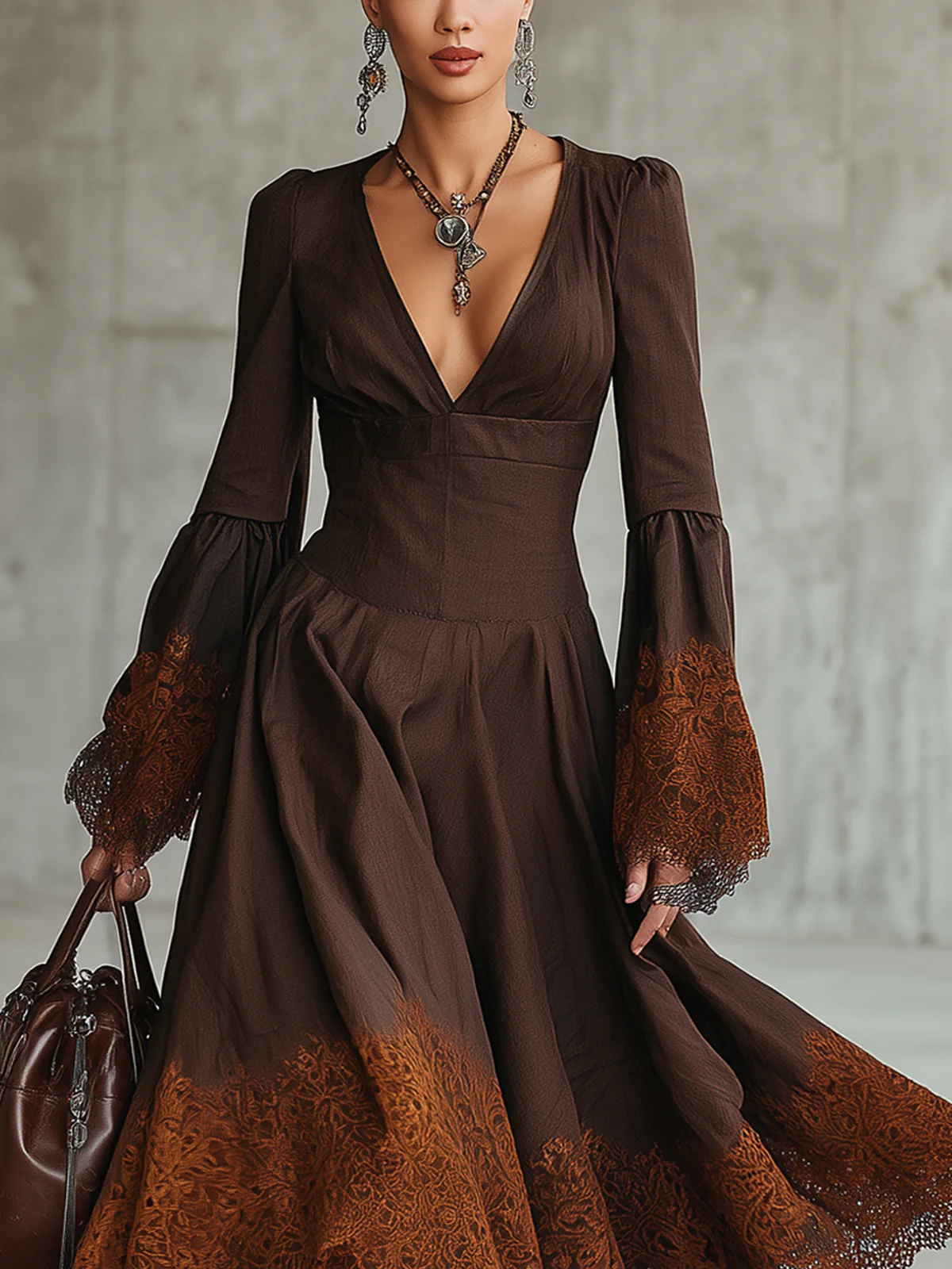 Brown Lace Trim Flared Midi Dress With Deep V Neck And Bell Sleeves