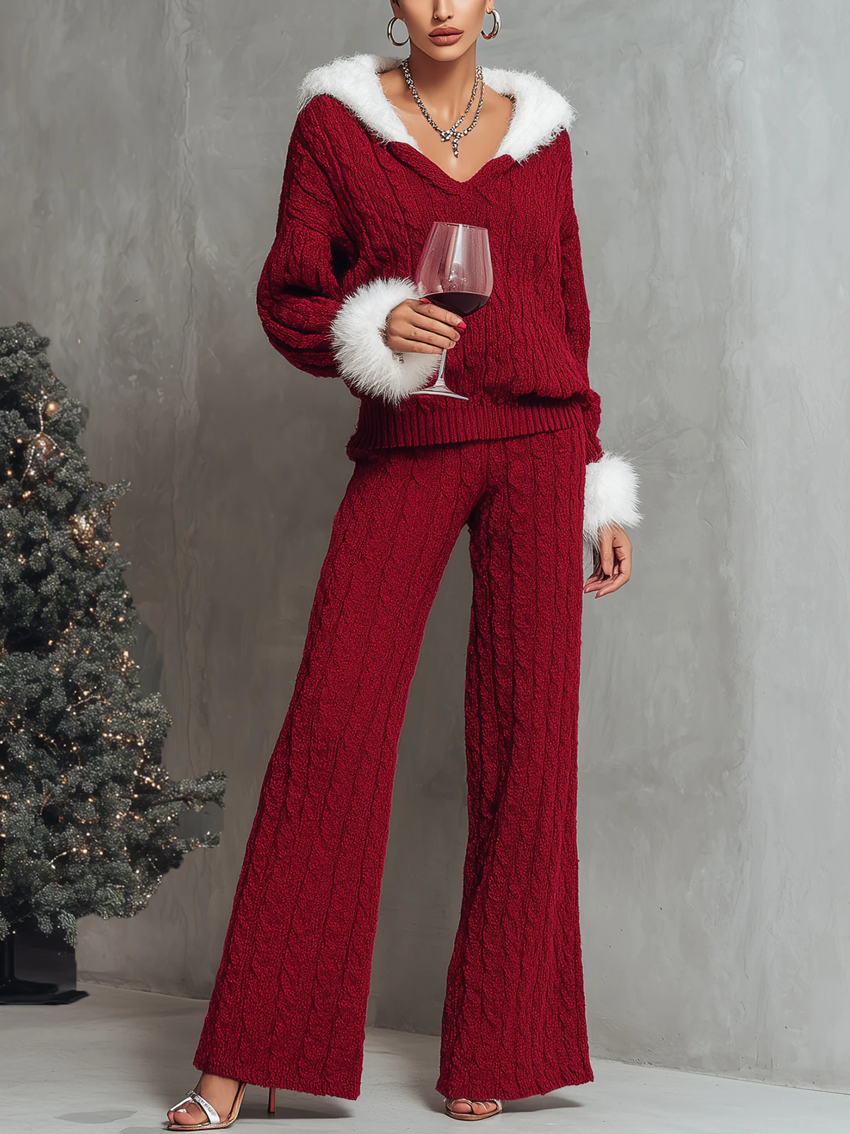 Red Cable-Knit Set With Faux Fur Trim
