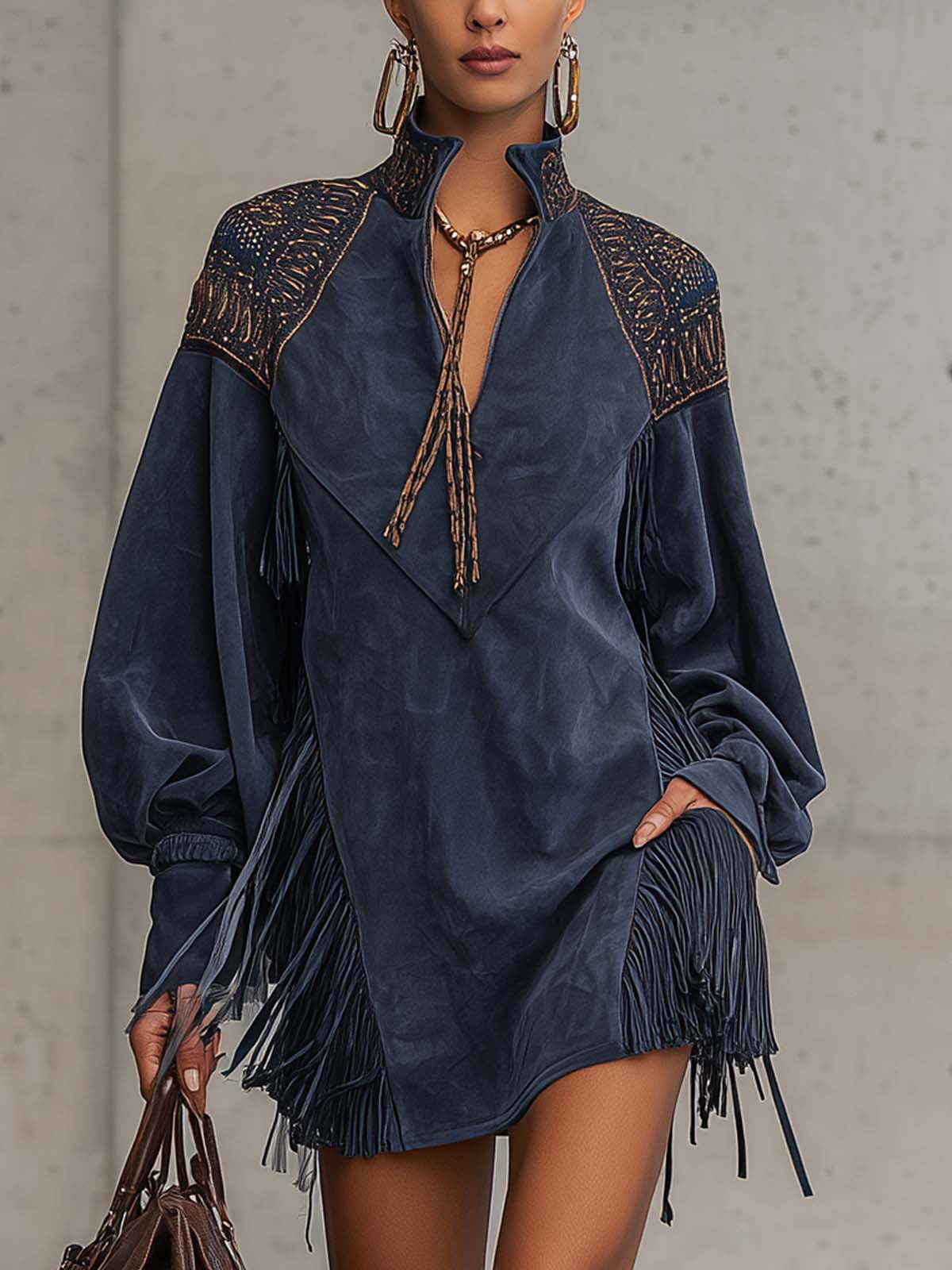 Indigo Faux Suede Embroidered Tassel Stand Up Collar Mini Dress