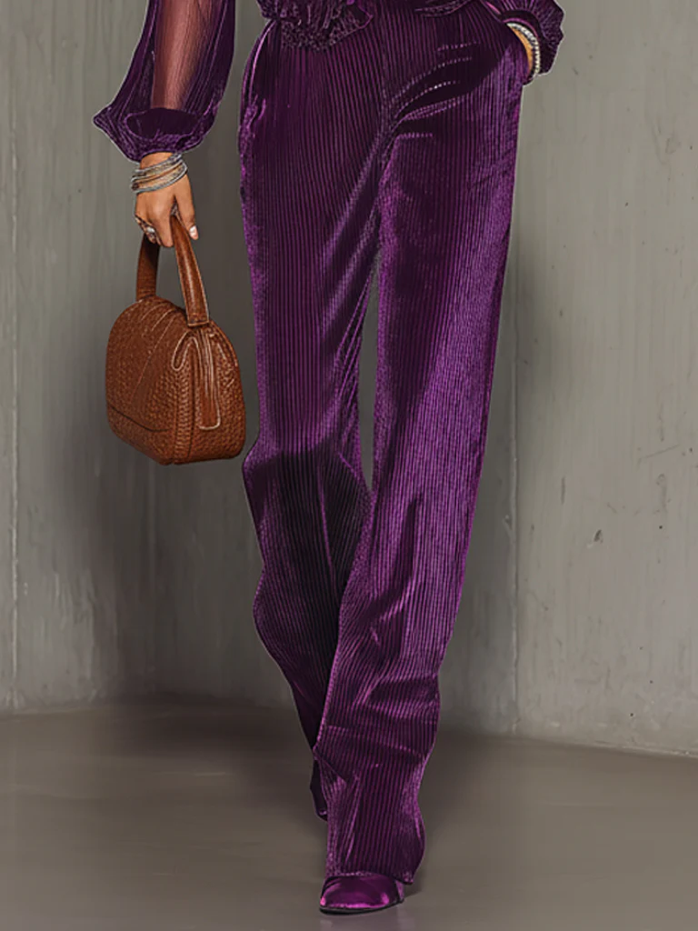 Purple Mesh Ruffled Top And Pleated Velvet Trousers Set