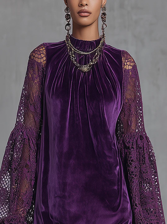 Purple Velvet Mini Dress With Lace Balloon Sleeves And Fringe Hem