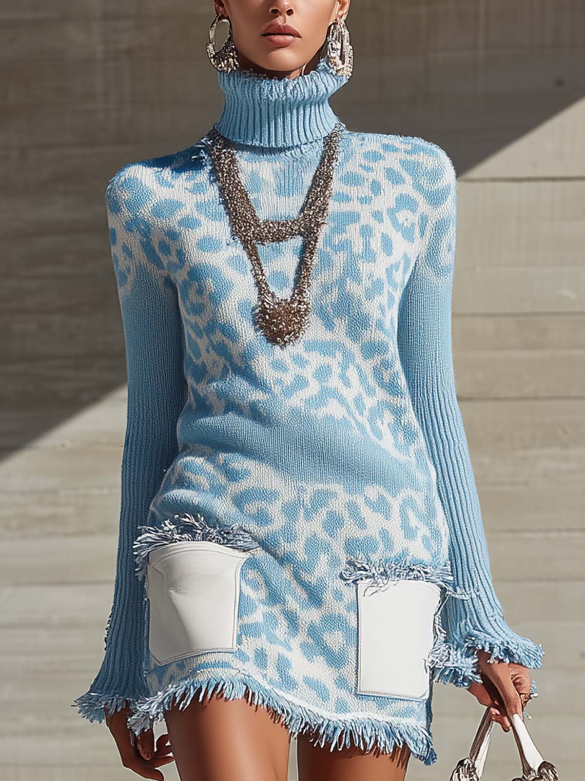 Blue Knitted Leopard Print Faux Leather Patch Pocket Mini Dress