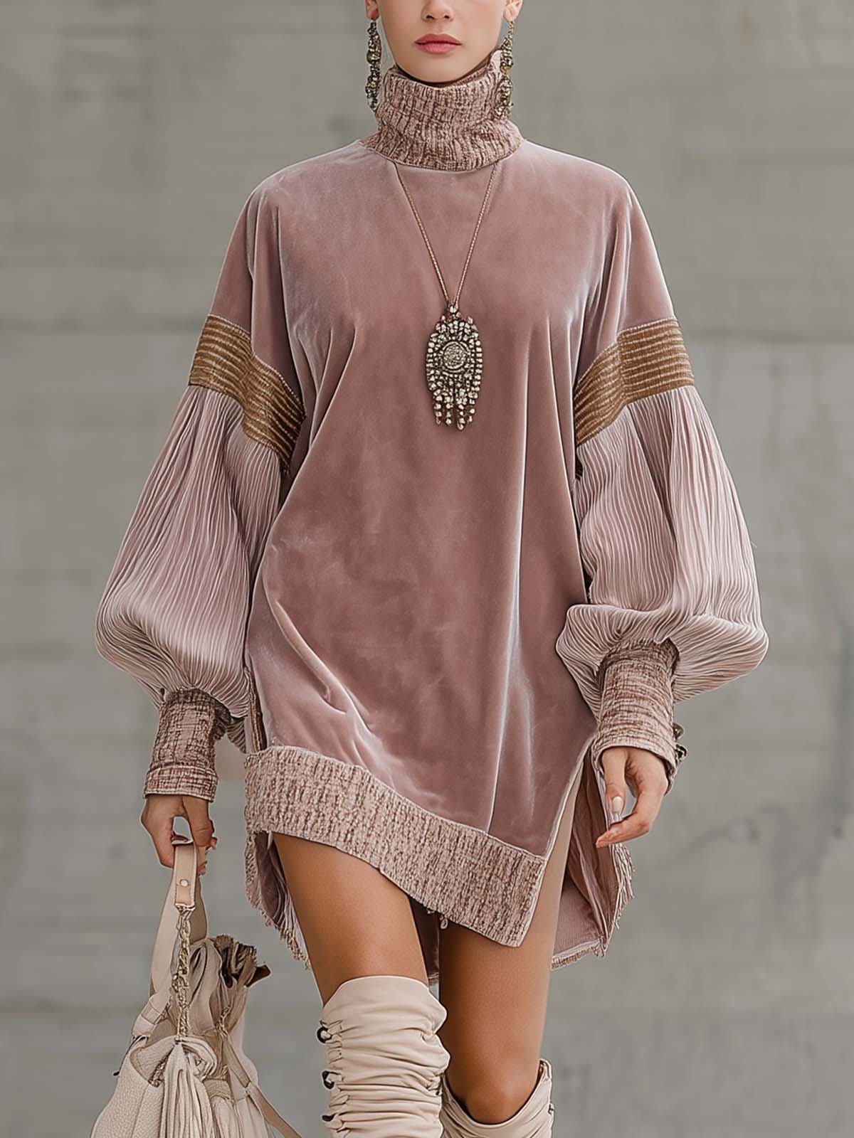 Light Pink Velvet And Corduroy High Neck Loose Mini Dress