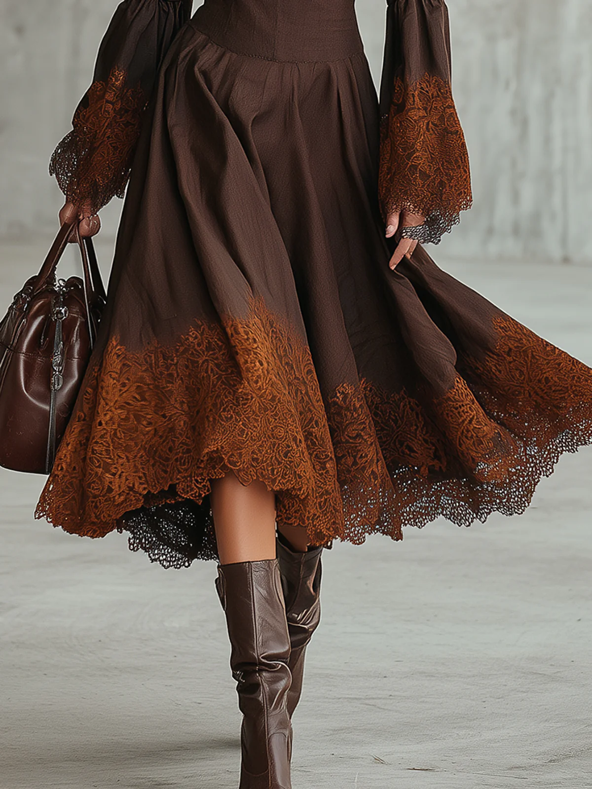 Brown Lace Trim Flared Midi Dress With Deep V Neck And Bell Sleeves