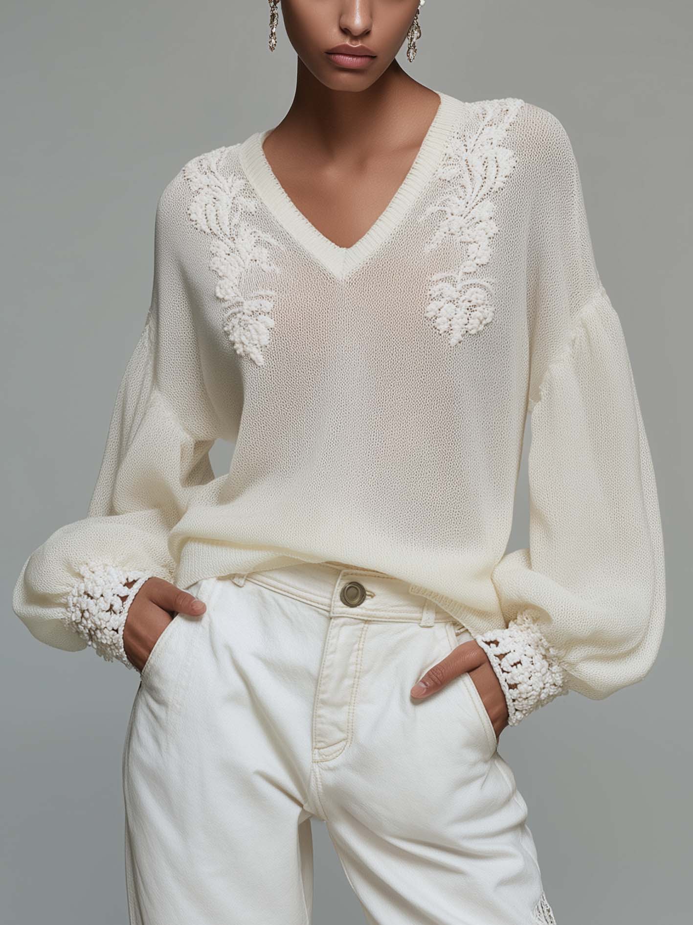 White Sheer Knit Sweater With Embroidered V-Neck