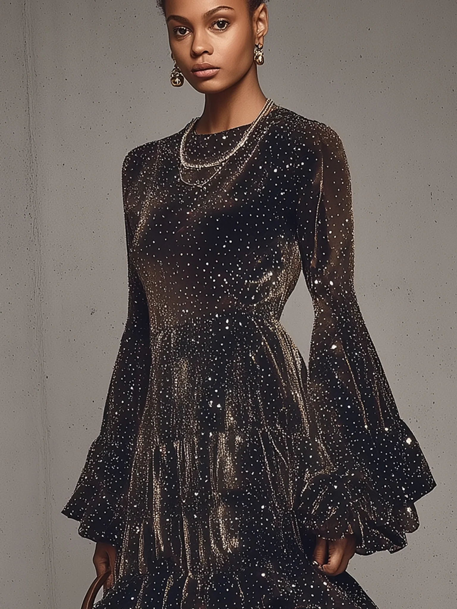 Gray Velvet Sequin Ruffle Long Sleeve Mini Dress