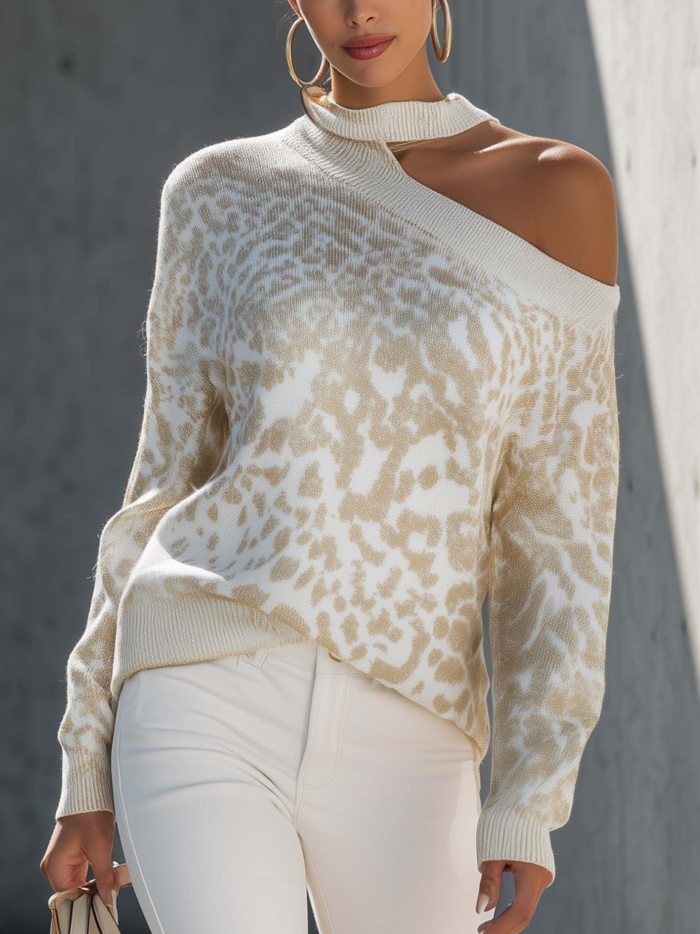 Light Gold Leopard Cold Shoulder Knit Sweater