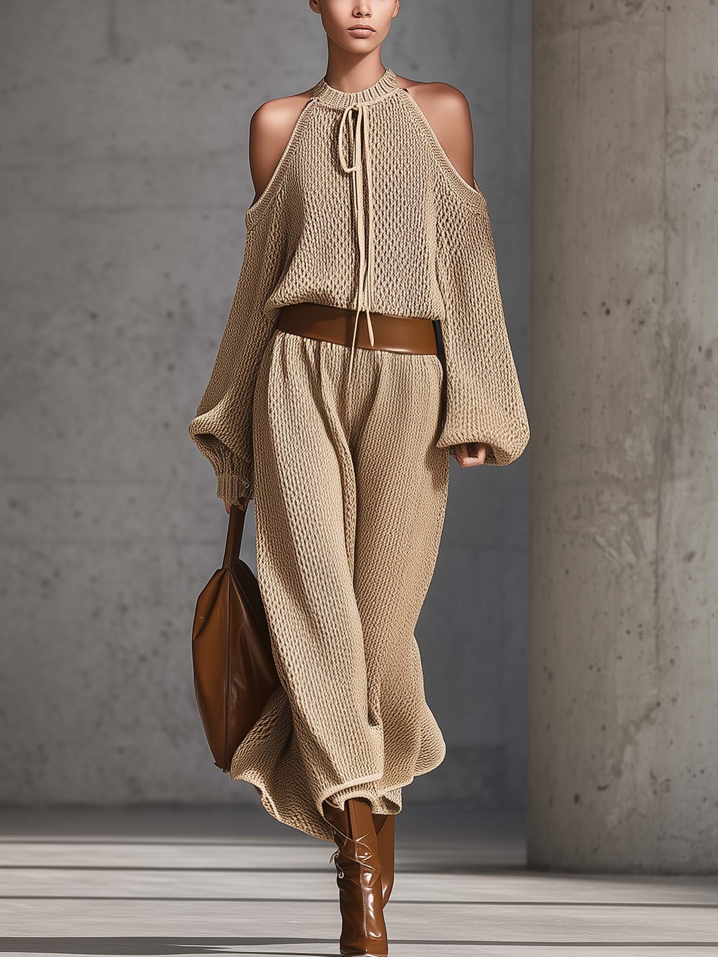 Beige Cold Shoulder Knit Maxi Dress With Belt