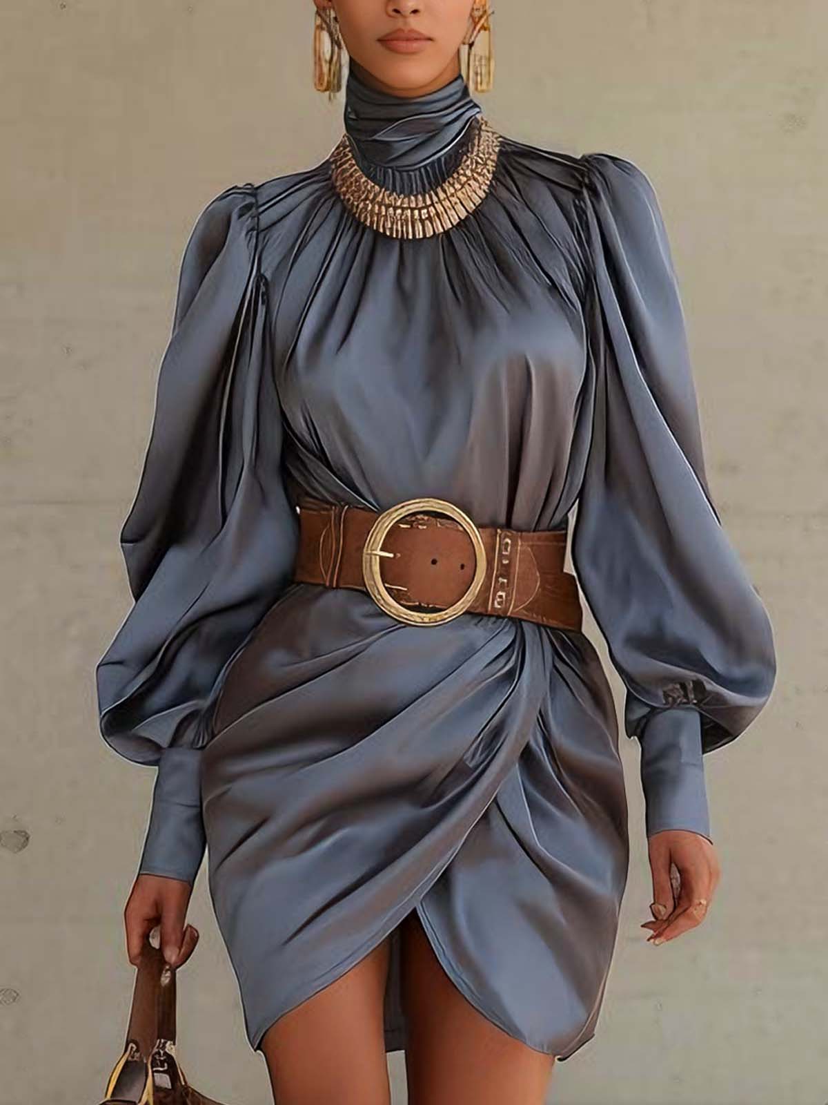 Blue Grey Satin High Neck Draped Puff Sleeve Mini Dress