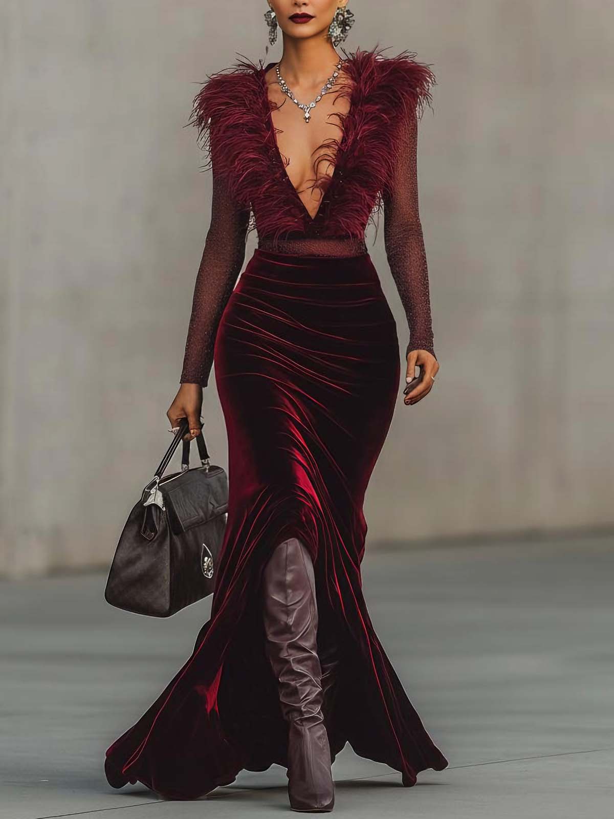 Burgundy Velvet Deep V-neck Feather Mesh Fishtail Maxi Dress