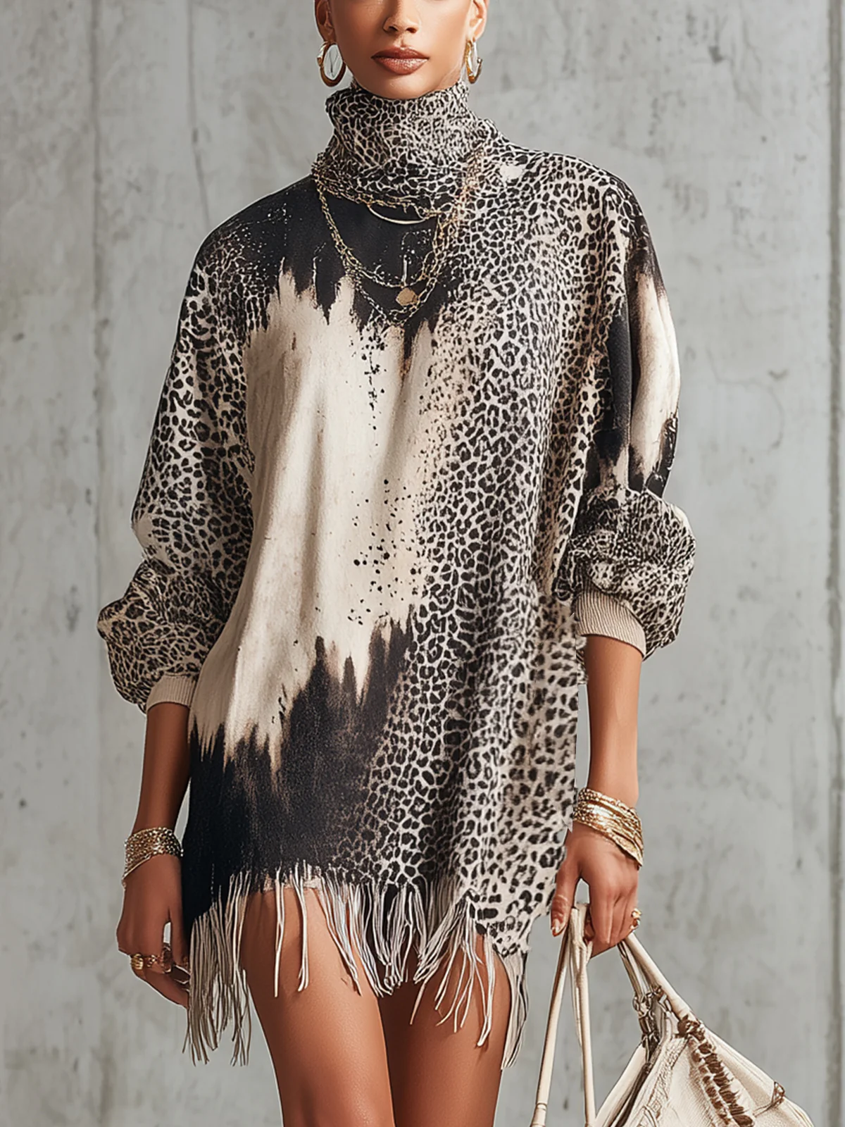 Gray Leopard Print Turtleneck Fringe Hem Faux Suede  Dress