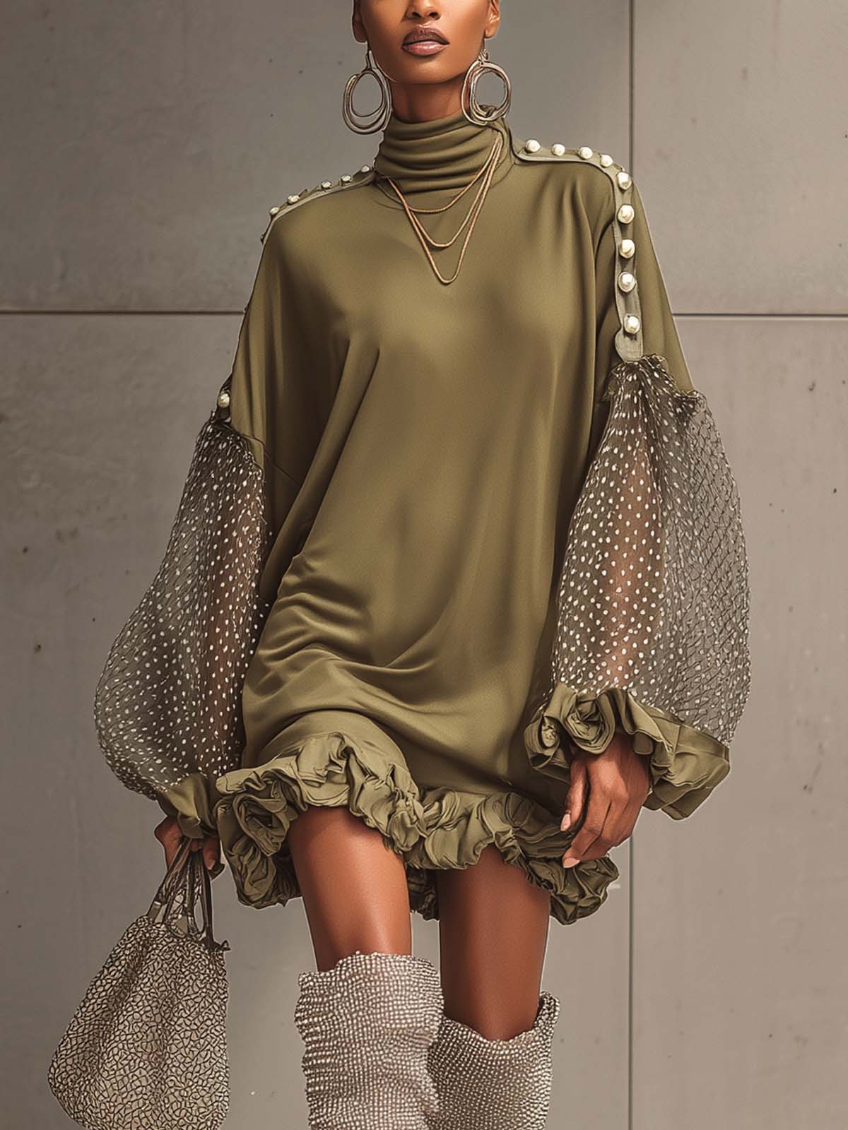 Olive Green Blended Polka Dot Tulle Puff Sleeve Faux Pearl Button Ruffle Mini Dress