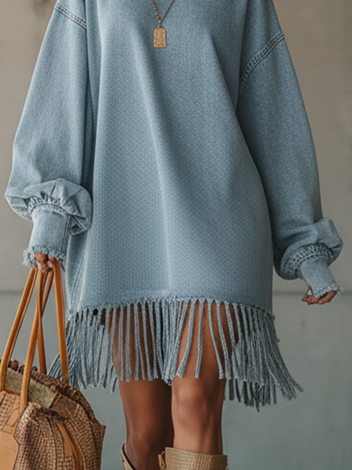 Light Blue Oversized Denim Fringe Hem Mini Dress
