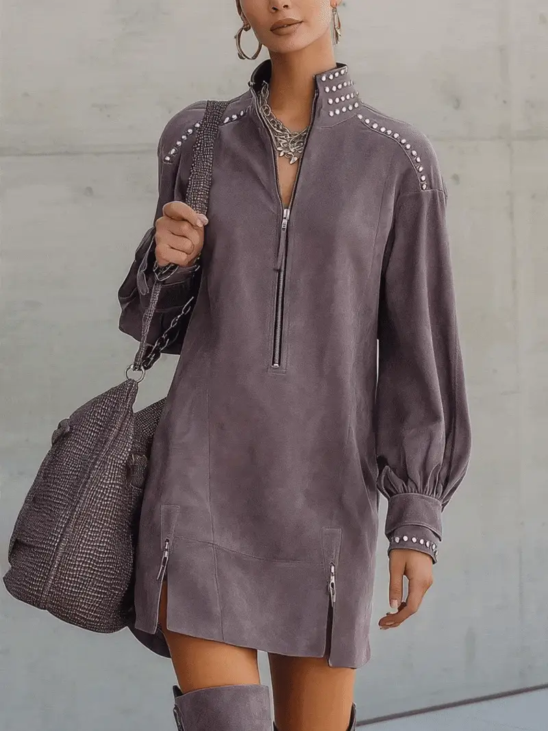 Purple Faux Suede Studded Zipper Double Slit Mini Dress