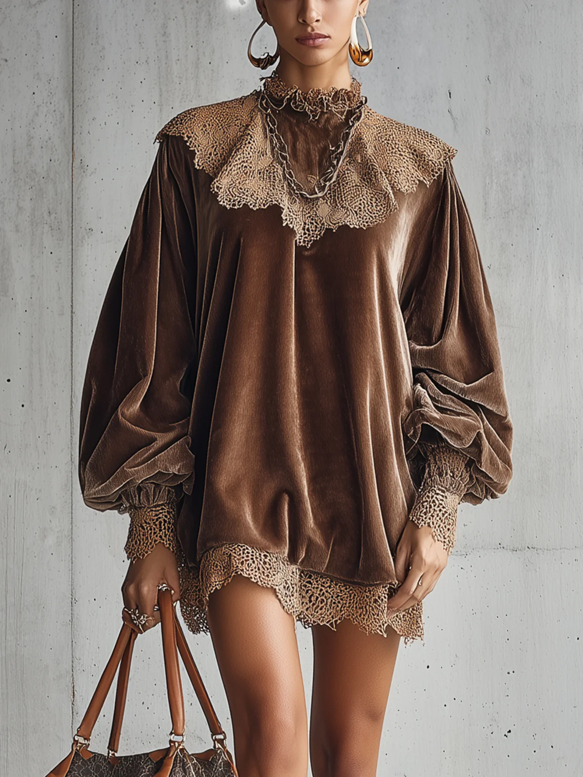 Vintage-Inspired Brown Velvet Lace Trim Mini Dress