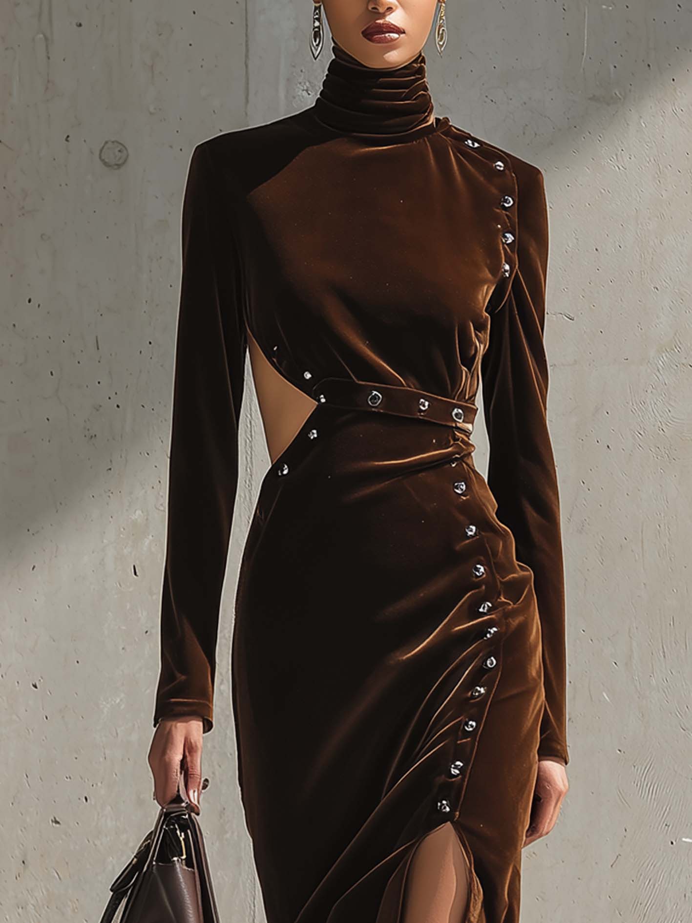 Brown Velvet Cutout Bodycon Dress With Button Detailing