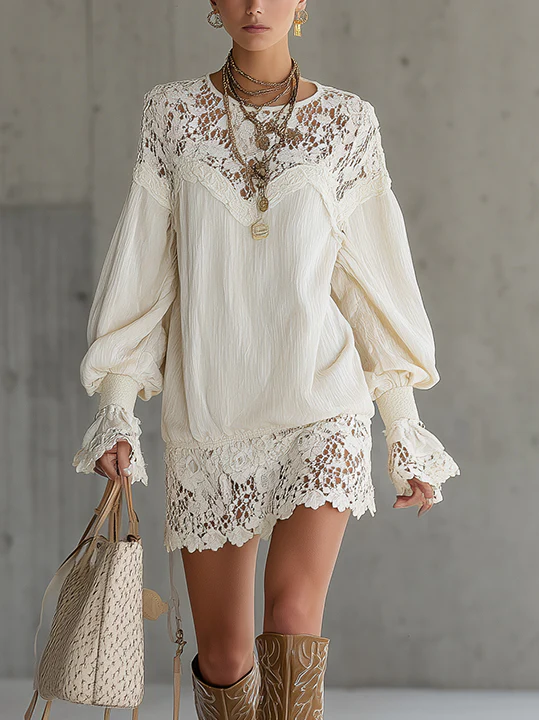 Ivory Mini Dress With Balloon Sleeves And Lace Hem Detailing