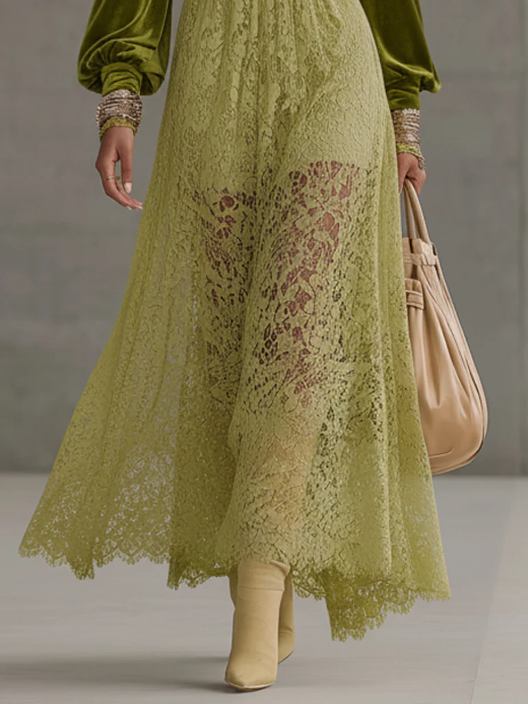 Lime Green Velvet And Lace Deep V-Neck Puff Sleeve Dress