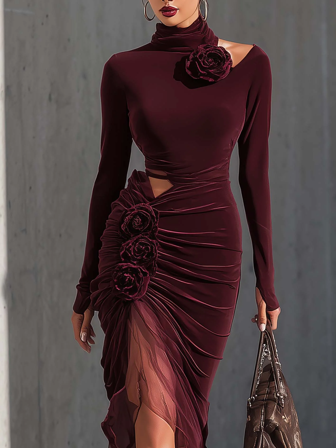 Burgundy Velvet Bodycon Dress 3D Flower With Organza Patchwork