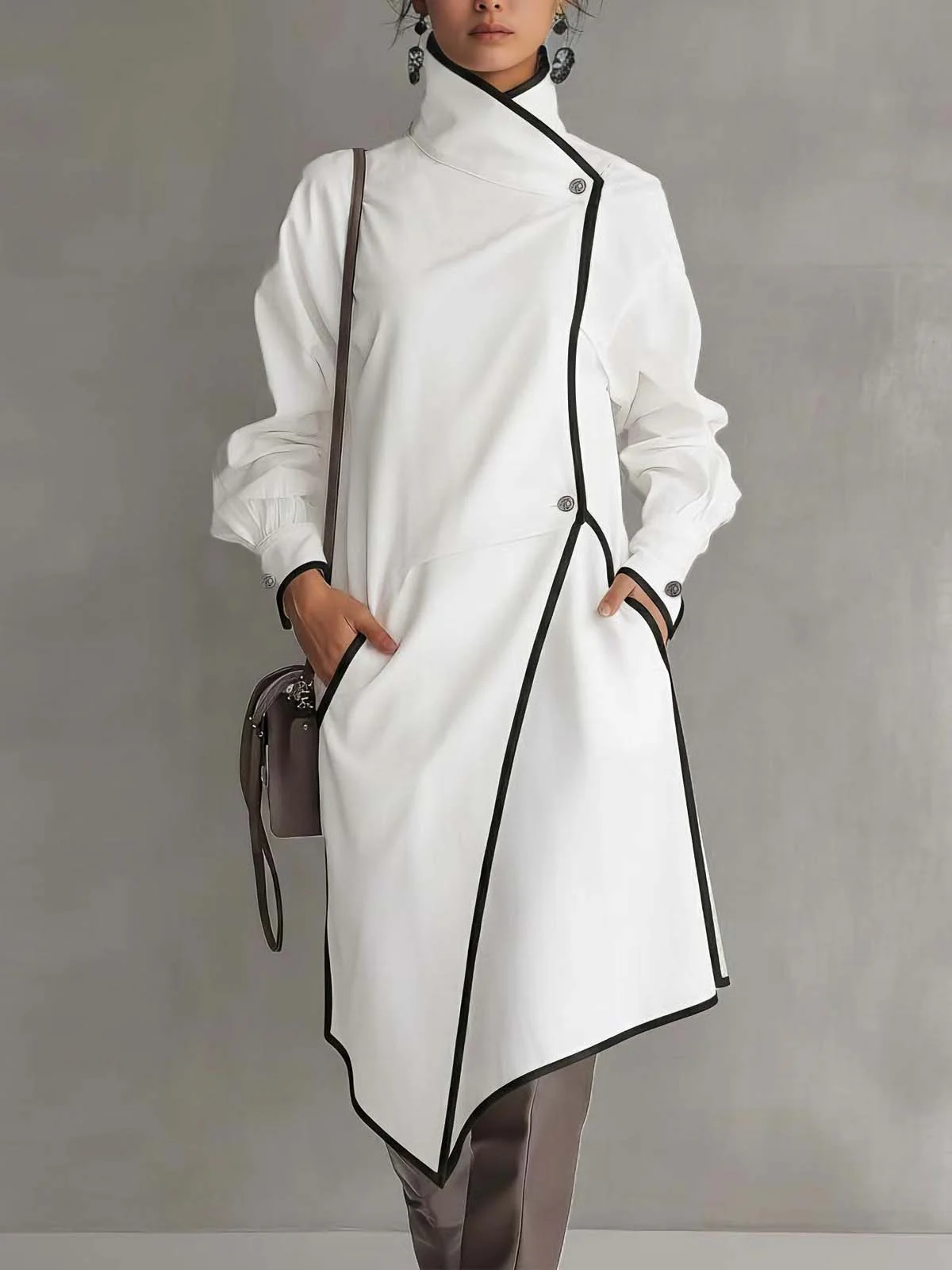 White Blended Fabric Asymmetrical Double-slit Midi Dress