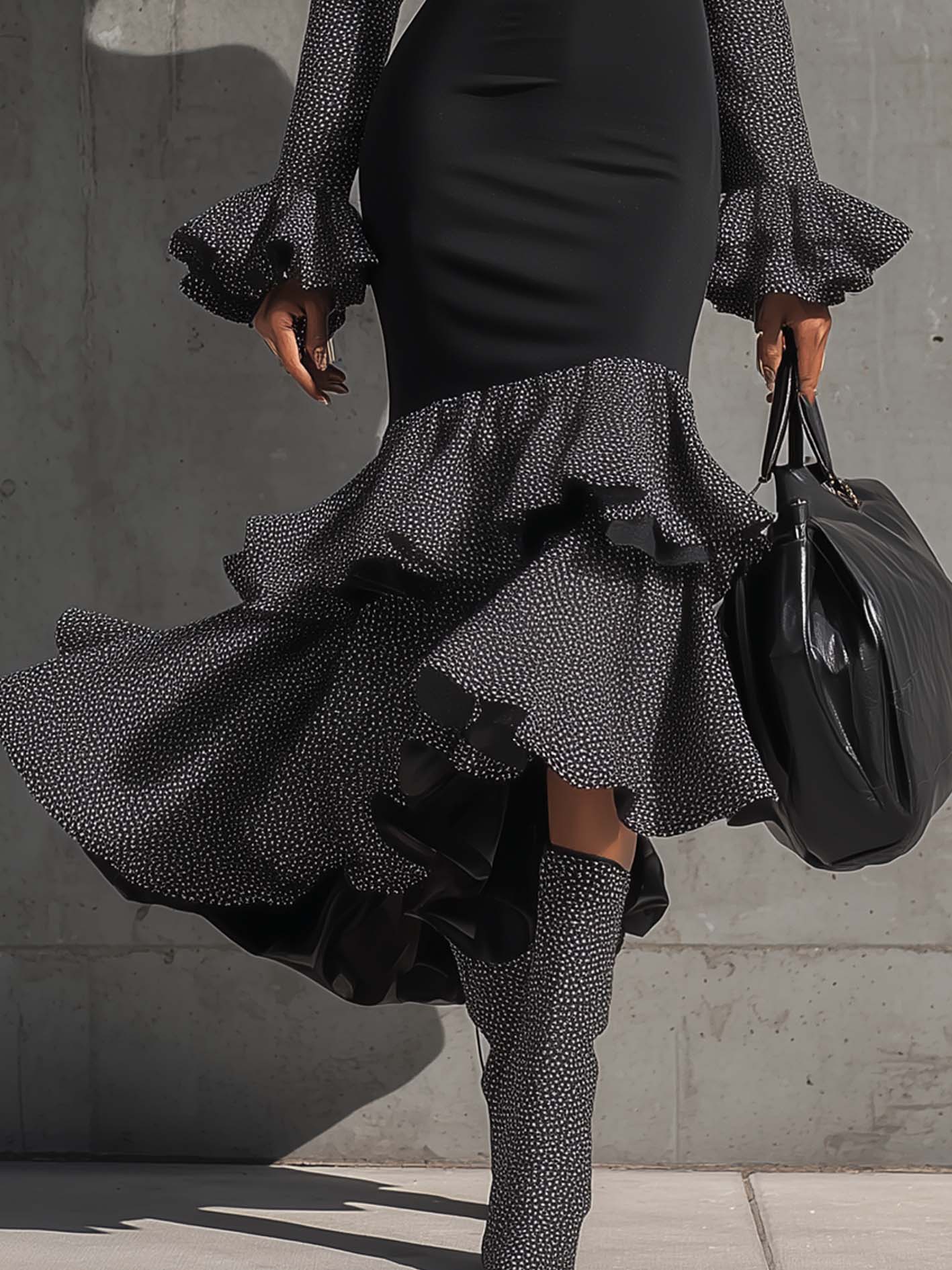 Black Polka Dot Panel Ruffle Hem Bodycon Dress