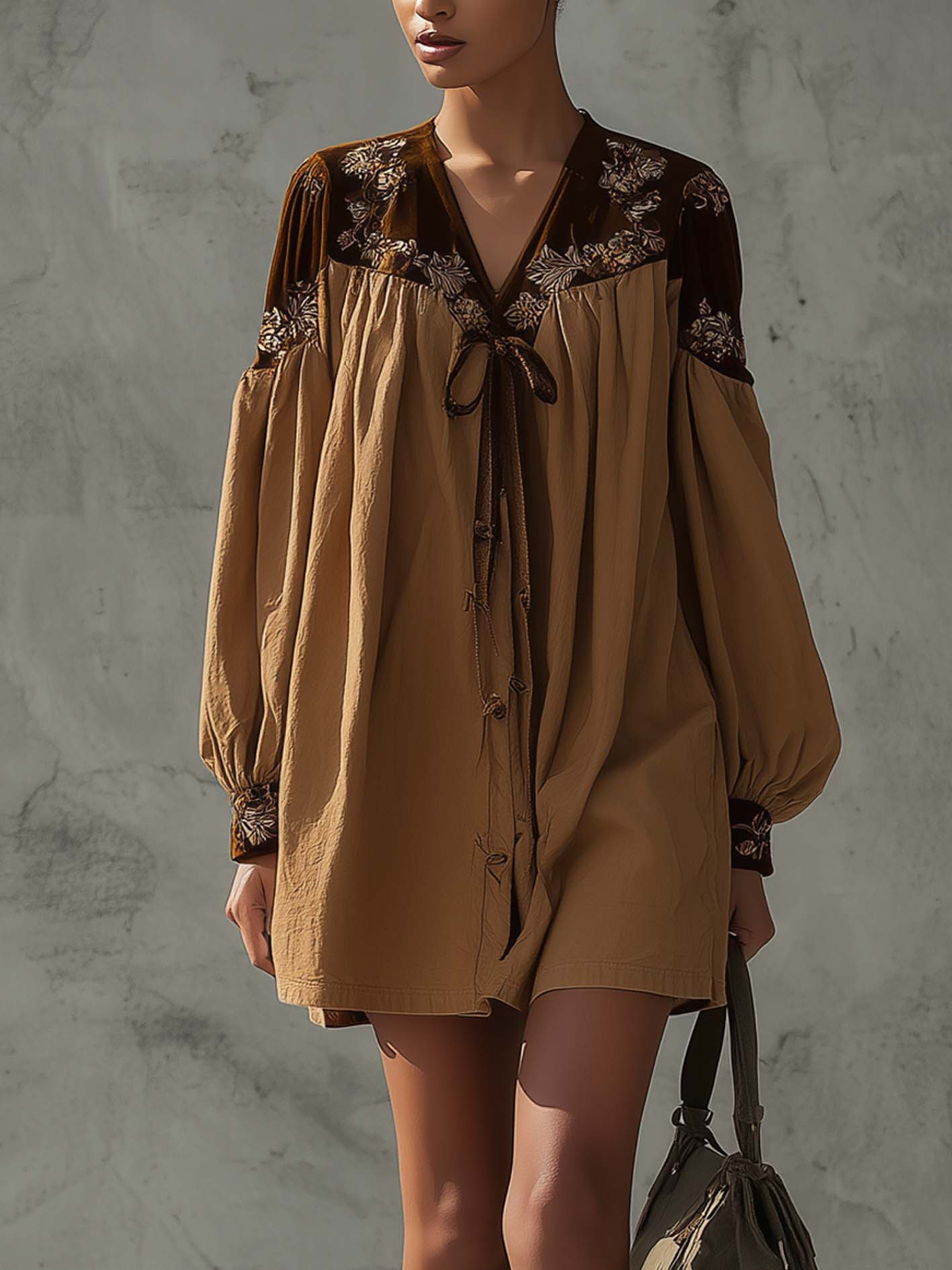 Light Brown Patchwork Velvet Embroidered Mini Dress